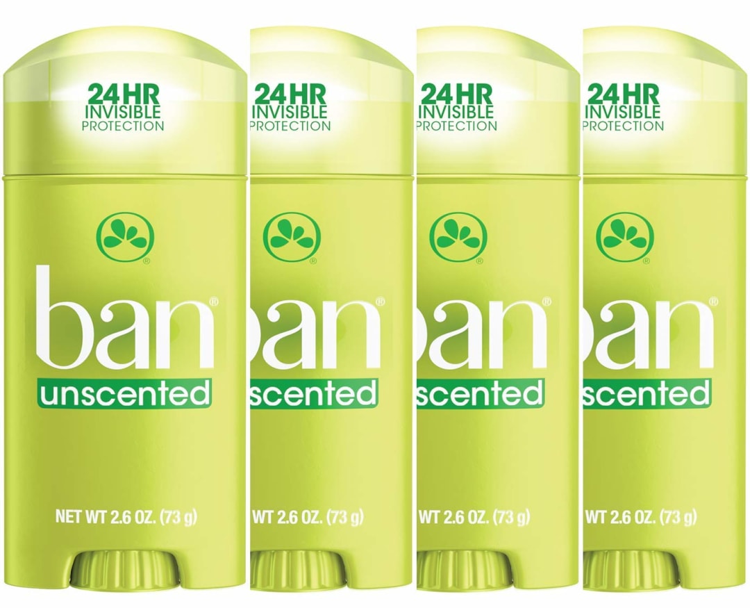 Ban Invisible Solid Antiperspirant Deodorant, Unscented, 2.6 Oz, 4 Pack