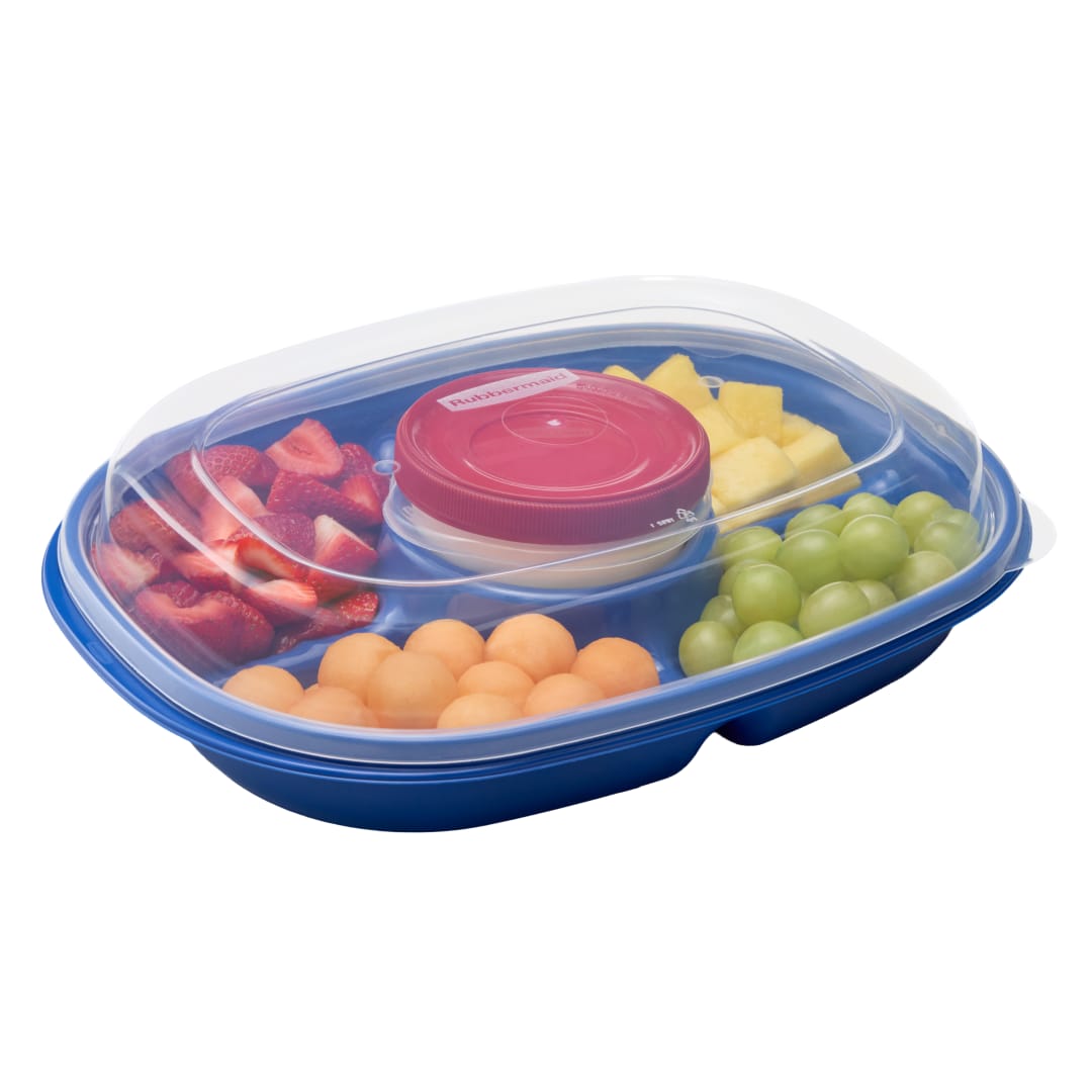 Rubbermaid Special-Edition Americana Blue Party Platter With 2-Cup Twist & Seal Container, Dishwasher-Safe, BPA-Free Serving Tray and Container
