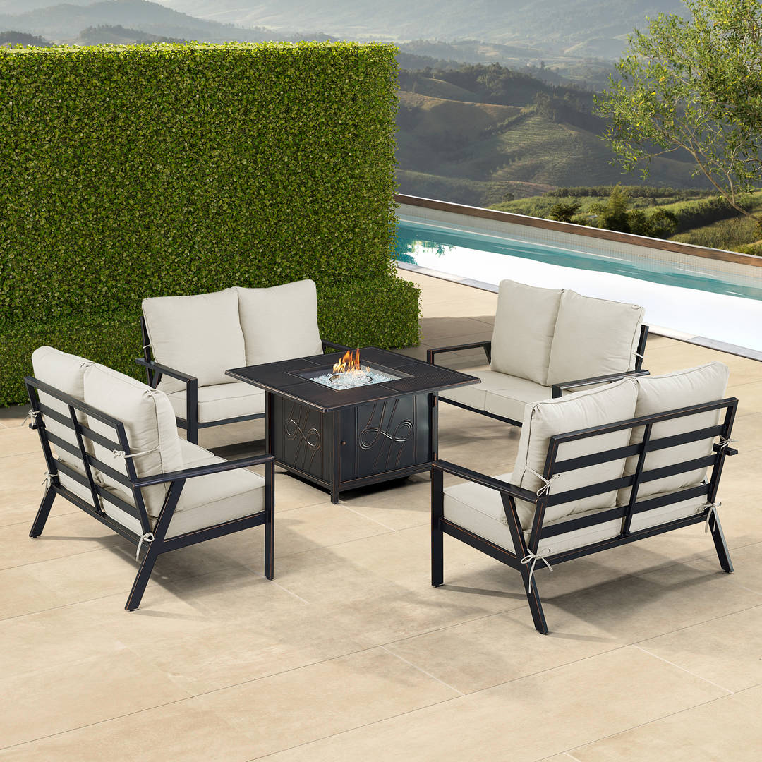 Black Aluminum Patio Fire Table Set with Four Deep Seating Loveseats with Cushions
