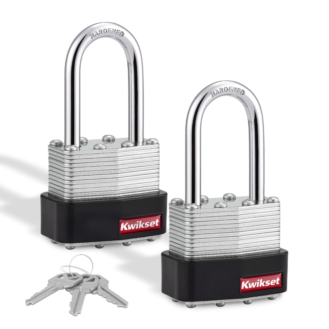 Kwikset Laminated Steel Padlock with Hardened Steel Shackle, 1-9/16 in Body, 1-1/2 in Shackle, 2 Pack