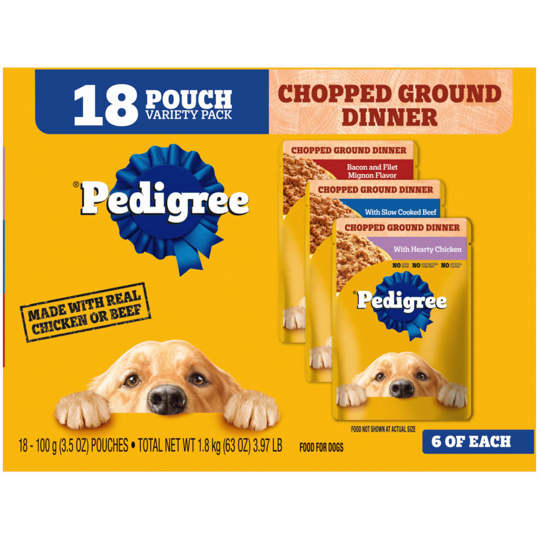 Pedigree Chopped Ground Dinner Slow Cooked Beef Variety Pack Wet Dog Food, (18) 3.5 oz Pouches