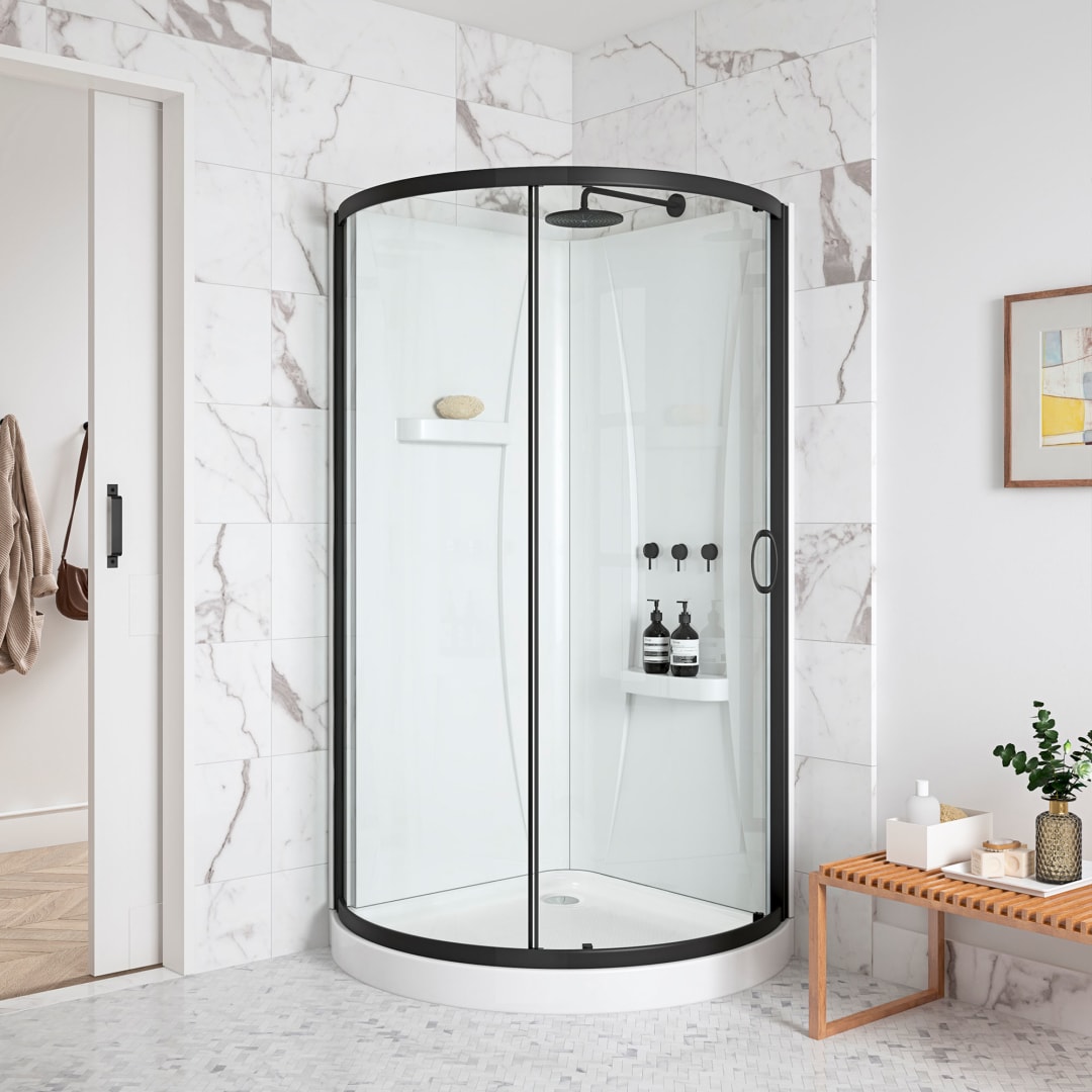Breeze 35 in. L x 35 in. W x 77 in. H Round Corner Shower Kit in Black with Clear Sliding Door, Acrylic Wall and Shower Base Pan