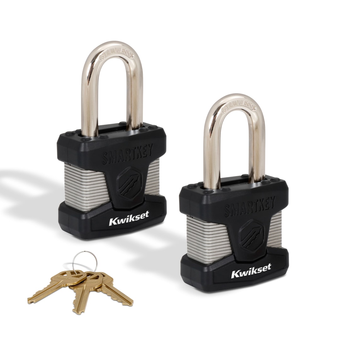 Kwikset SmartKey Re Keyable Laminated Steel Padlock with Stainless Steel Shackle, 2 in Body, 1-1/2 in Shackle, 2 Pack