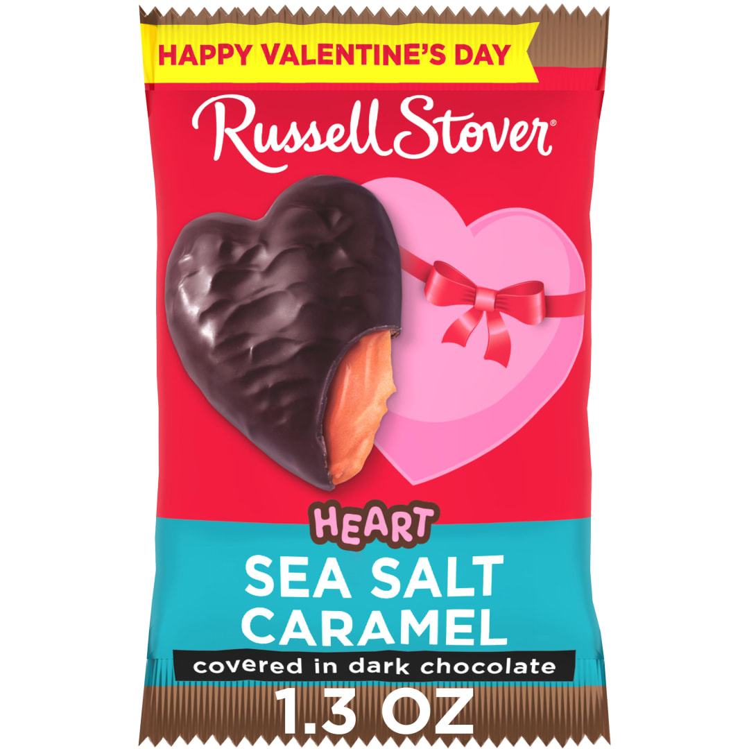 RUSSELL STOVER Valentine's Day Dark Chocolate Sea Salt Caramel Heart Candy Bar, 1.3 oz.
