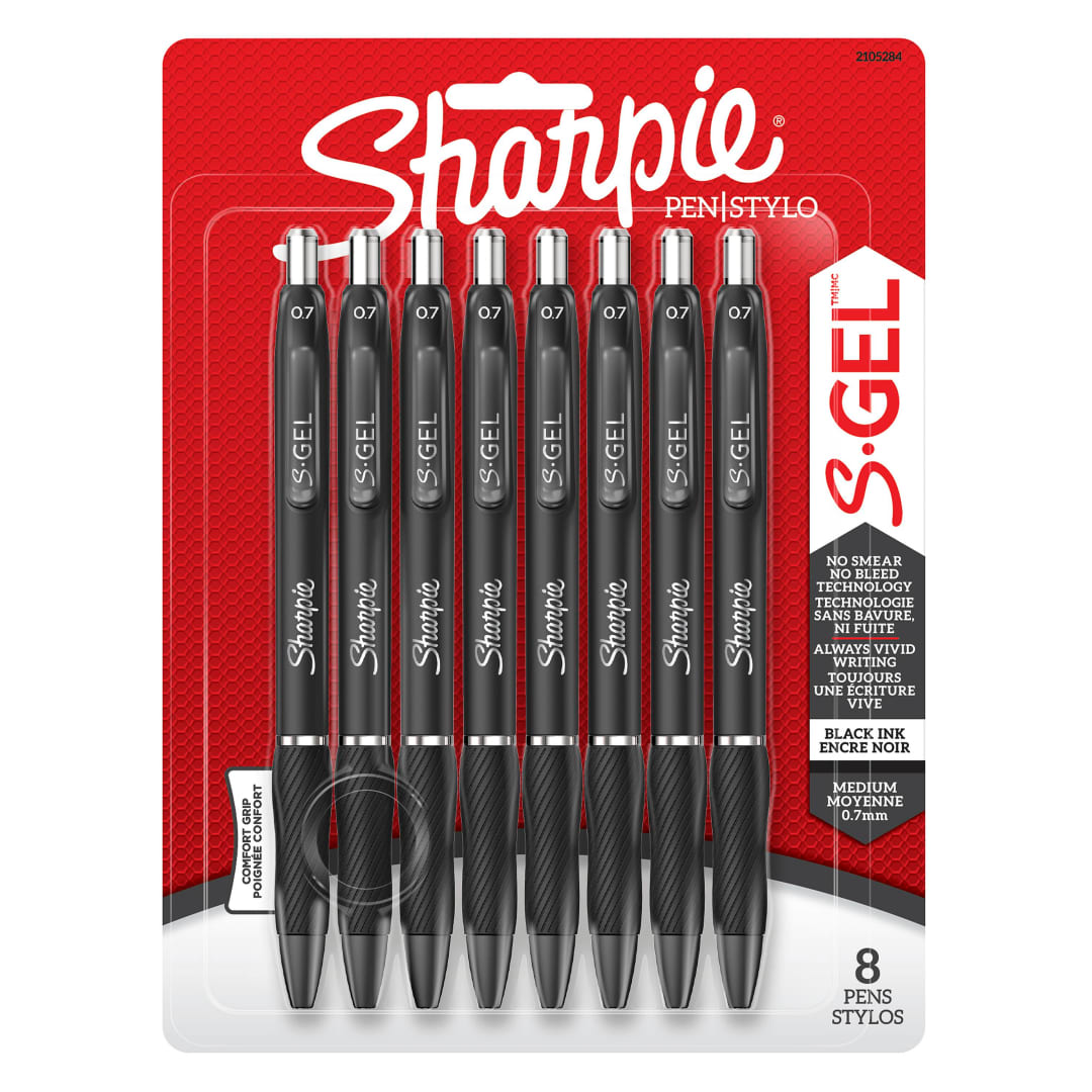 Stylos gel Sharpie S-Gel, pointe moyenne (0,7 mm), stylo gel à encre noir, 8 unités