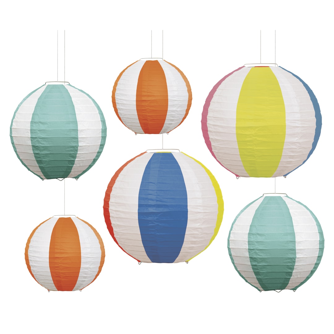 Summer Fun Assorted Beach Ball Paper Lanterns, 6ct