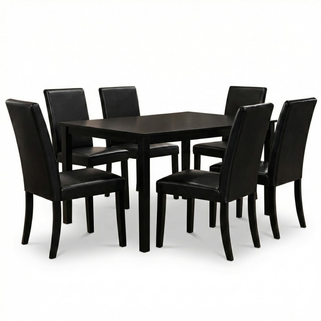 Modern 7-Piece 59 Inch Rectangular Dining Set, Black Finish with Black PU Leather Upholstered Chairs, Solid Rubberwood