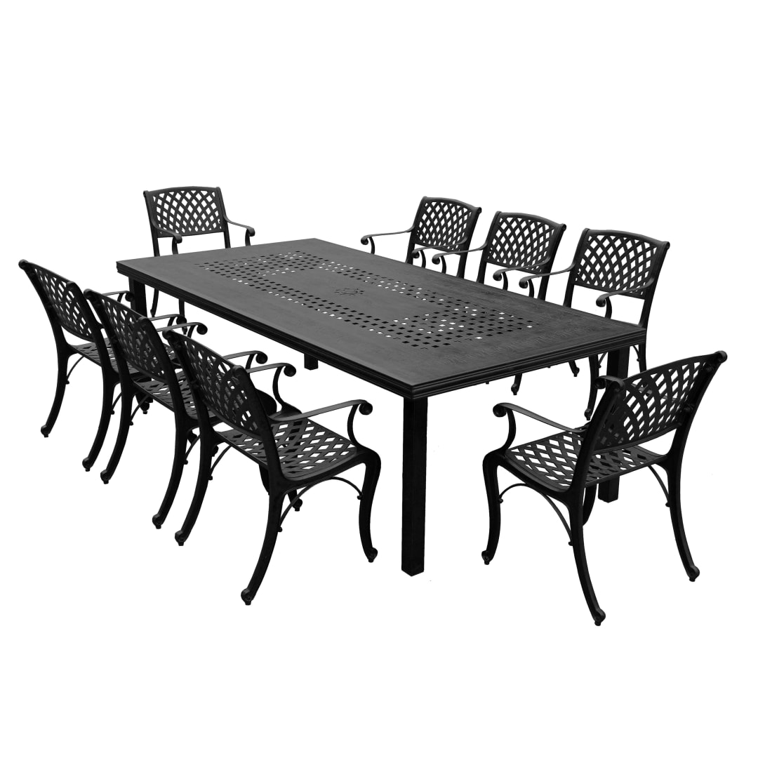 Modern Outdoor Mesh Lattice Aluminum 95-in Black Large Rectangular Patio Dining Set with Eight Arm Chairs