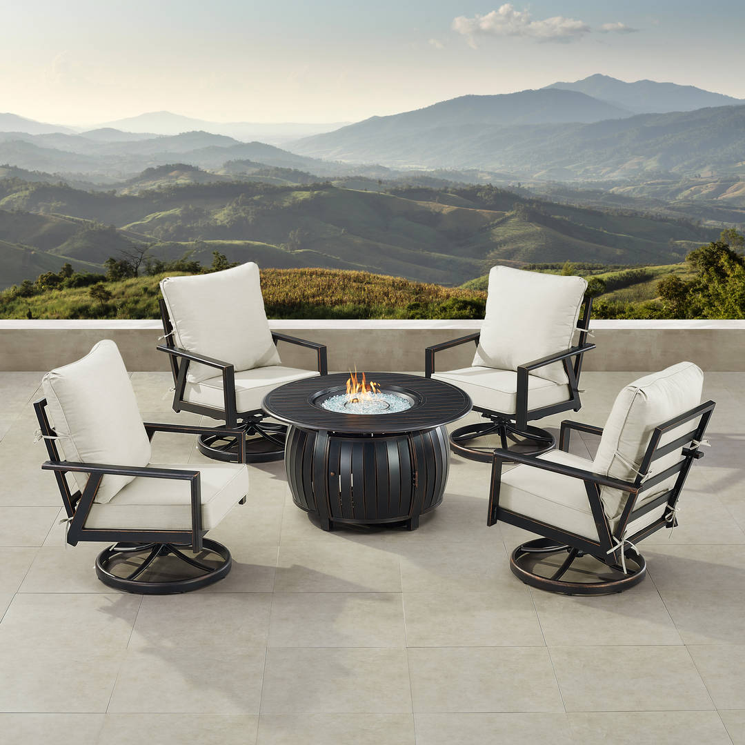Black Aluminum Patio Fire Table Set with Four Club Chairs
