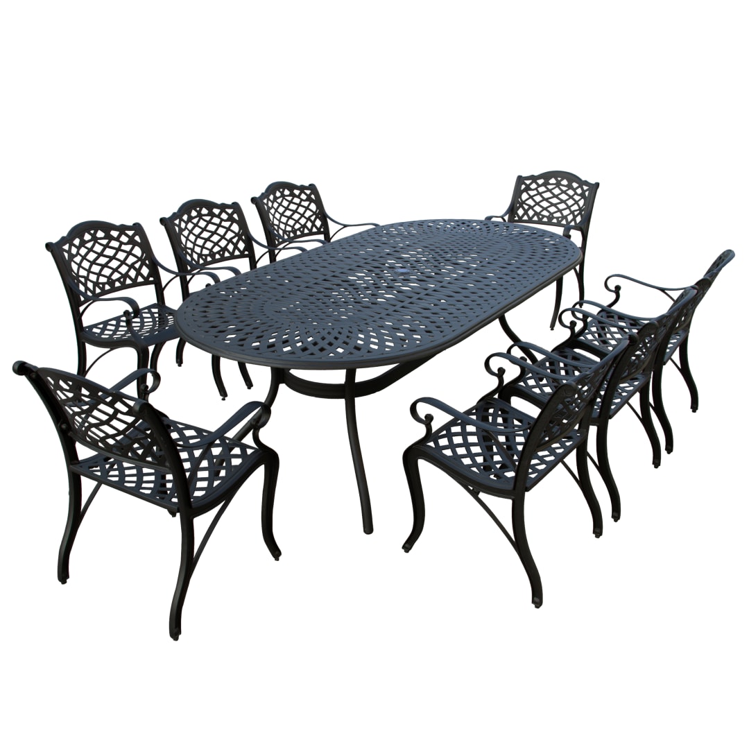 Modern Outdoor Mesh Lattice Aluminum 95-in Large Black Oval Patio Dining Set with Eight Arm Chairs