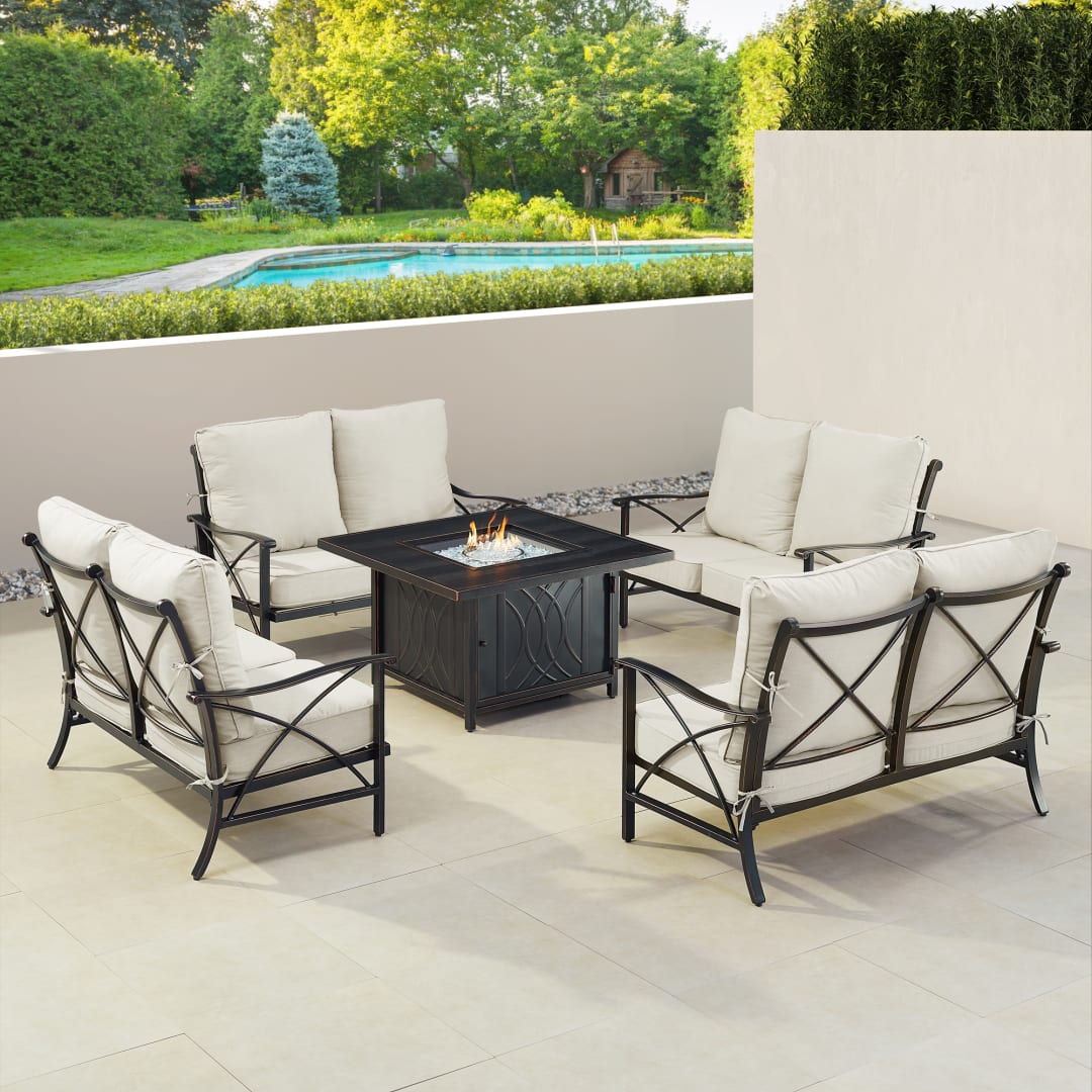 Black Aluminum Patio Fire Table Set with Four Deep Seating Loveseat with Cushions