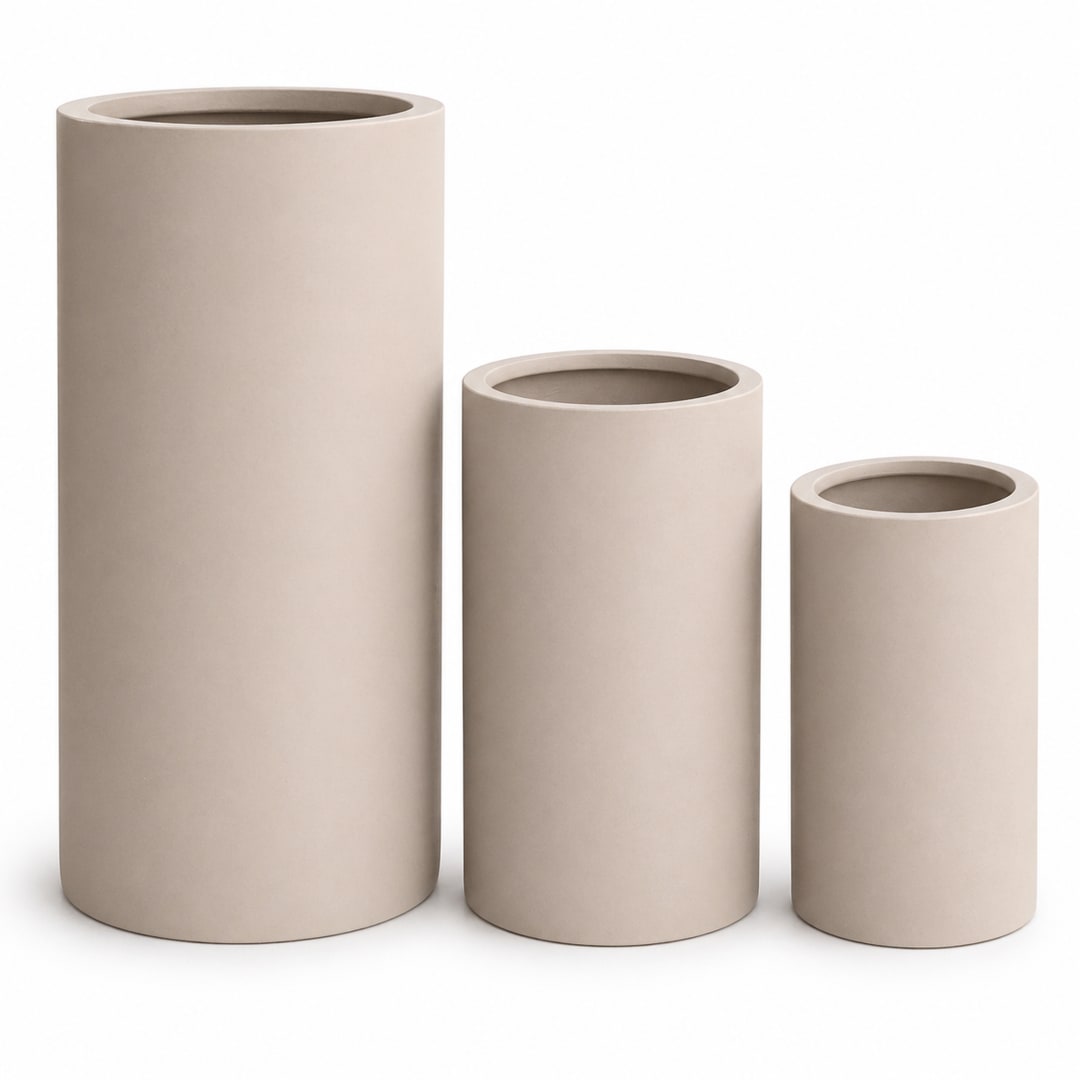 Set of 3 Tall Cylinder Polystone Indoor/Outdoor Planters, Sand