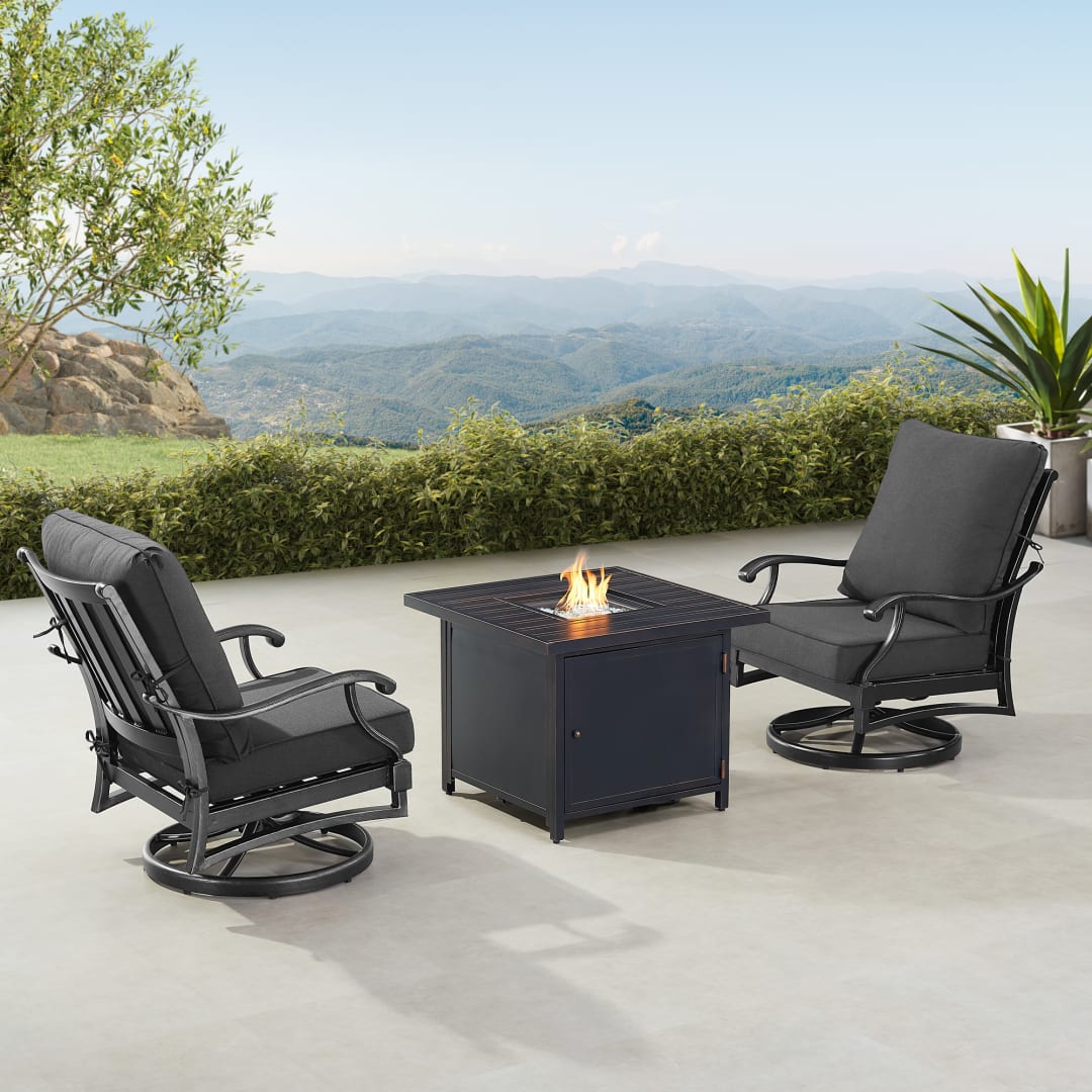 Black Aluminum Patio Fire Table Bistro Set with Two Club Chairs
