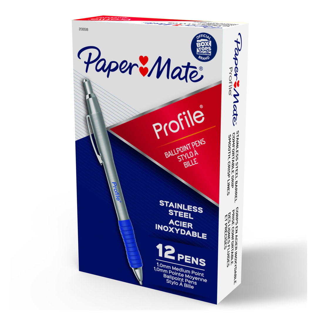 Paper Mate® Profile® Ballpoint Pens, Retractable Pen with Stainless Steel Barrel, 1.0 mm, Blue Ink, 12 Count