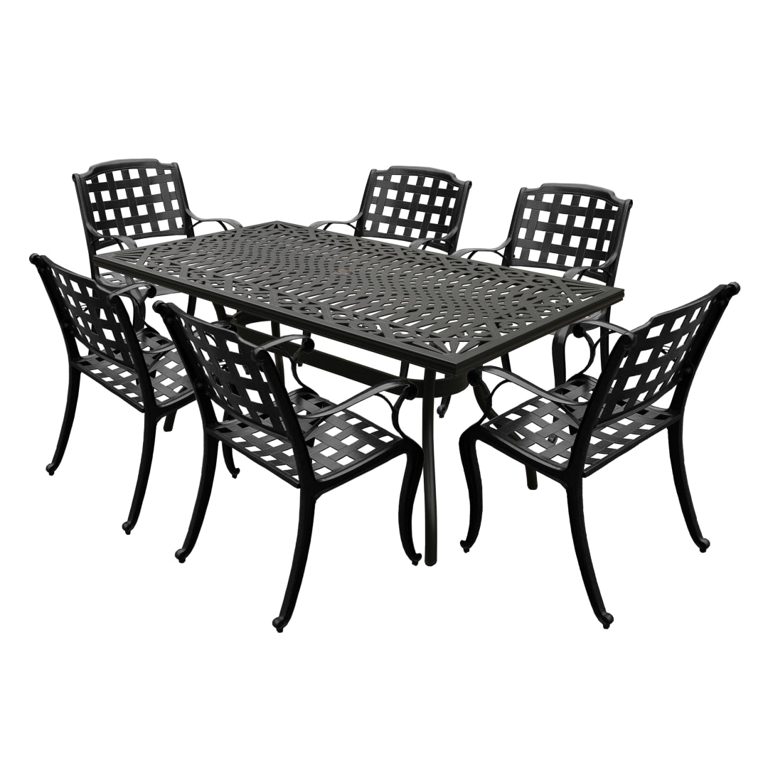 Modern Ornate Outdoor Mesh Aluminum 68-in Black Rectangular Patio Dining Set with Six Chairs
