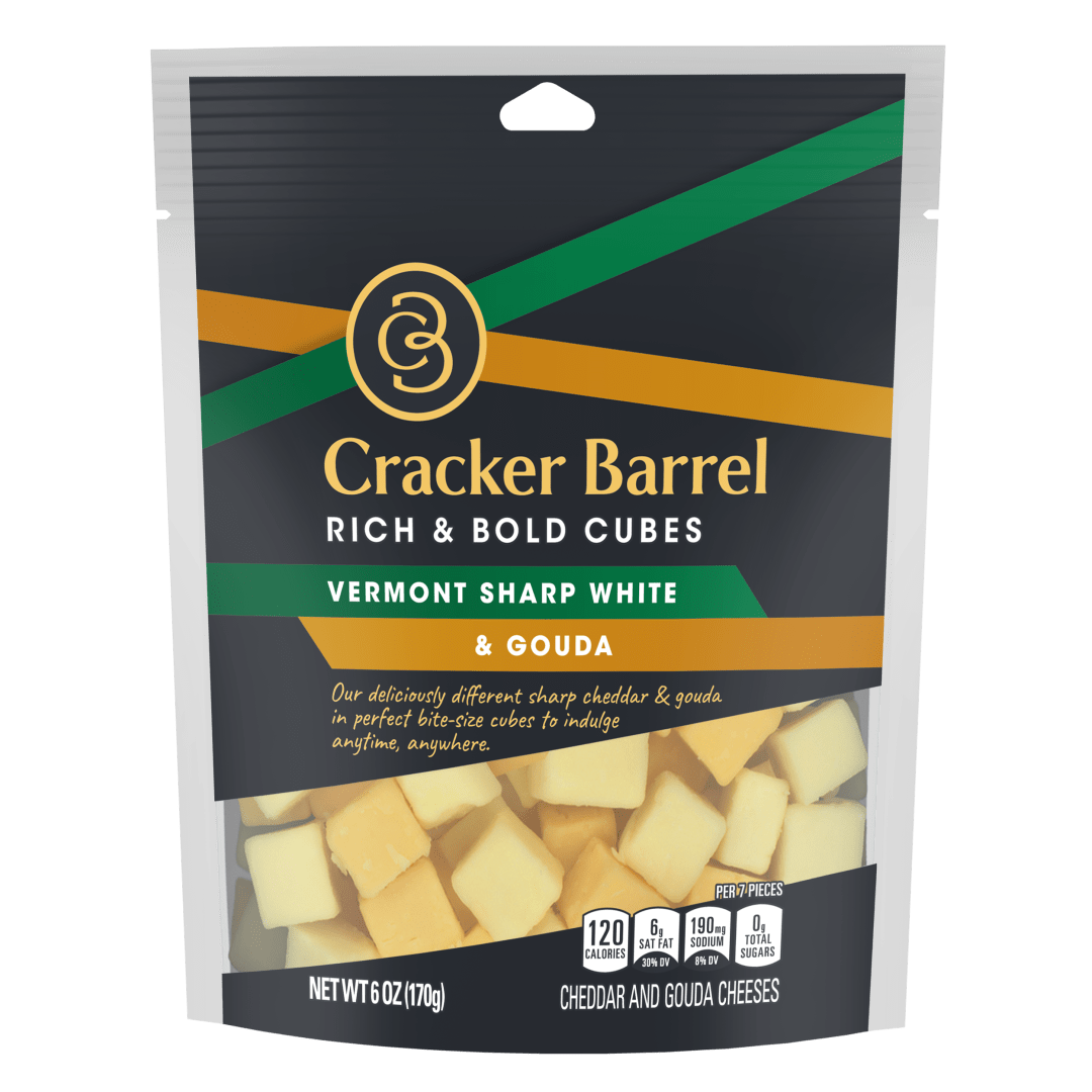 Cracker Barrel Vermont White Sharp Cheddar and Gouda Cheese Snack Cubes, 6 oz Bag