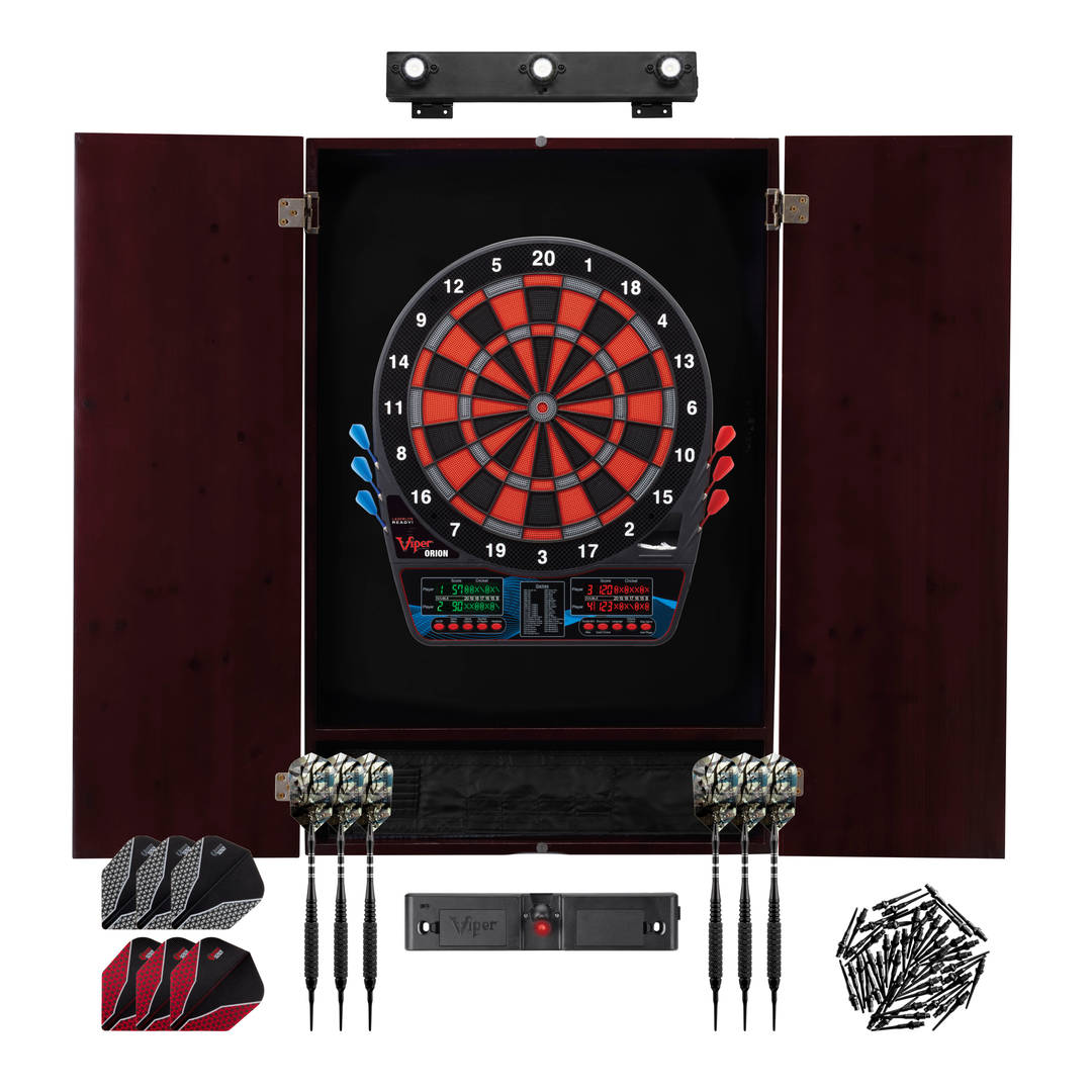 Viper Orion Electronic Dartboard, Metropolitan Mahogany Cabinet, Throw Line Light, Dartboard Lights, Black Magic Soft Tip Darts, and Spare Tips and Flights