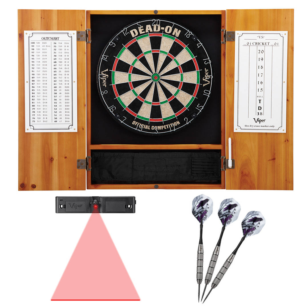Viper Metropolitan Oak Steel Tip Dartboard Cabinet, Viper Dead-On Bristle Dartboard, Viper Underground Raven Steel Tip Darts 25 Grams, and Throw Line Light