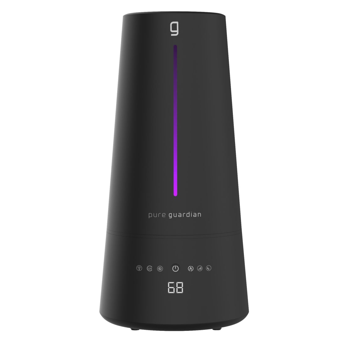PureGuardian 90-Hour, 1.5 Gallon Warm and Cool Mist Ultrasonic Tabletop Humidifier with Humidistat and UV-C, Black
