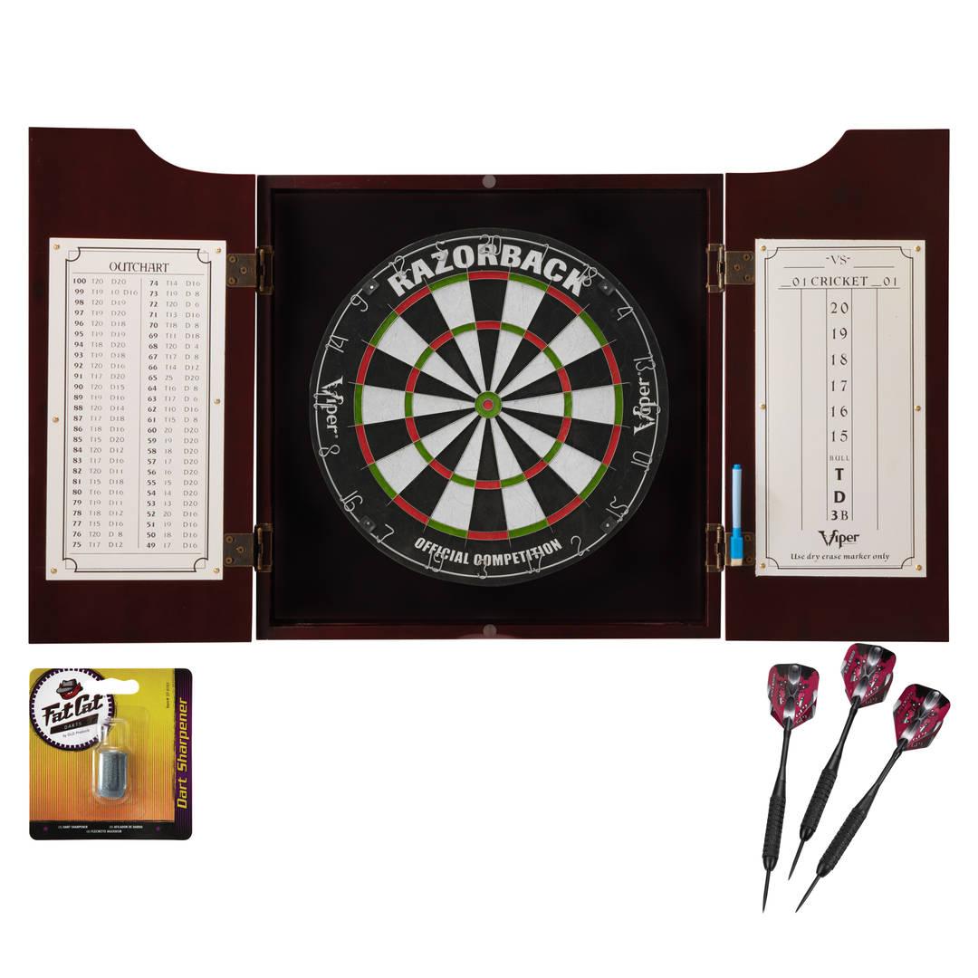 Viper Hudson Dartboard Cabinet, Viper Razorback Sisal Dartboard, Viper Black Mariah Steel Tip Darts 22 Grams, and Fat Cat Dart Sharpener