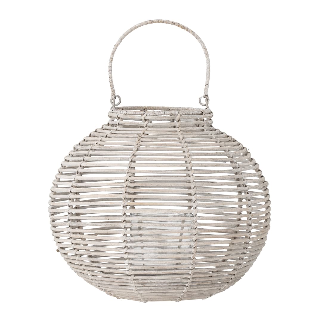 82056682 - Malua Lantern w/Glass, White, Rattan STOCK: 15