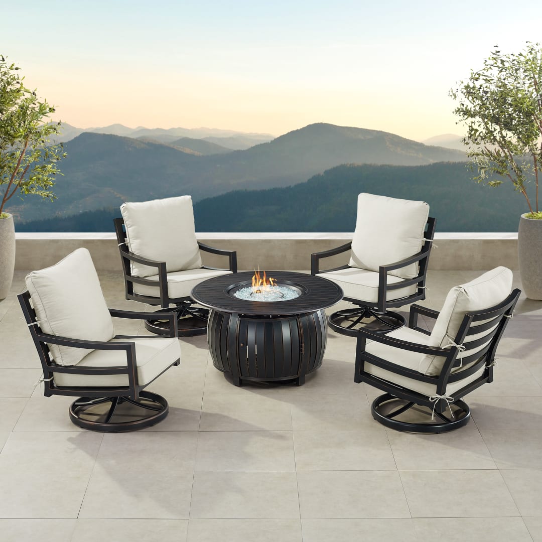 Black Aluminum Patio Fire Table Set with Four Club Chairs