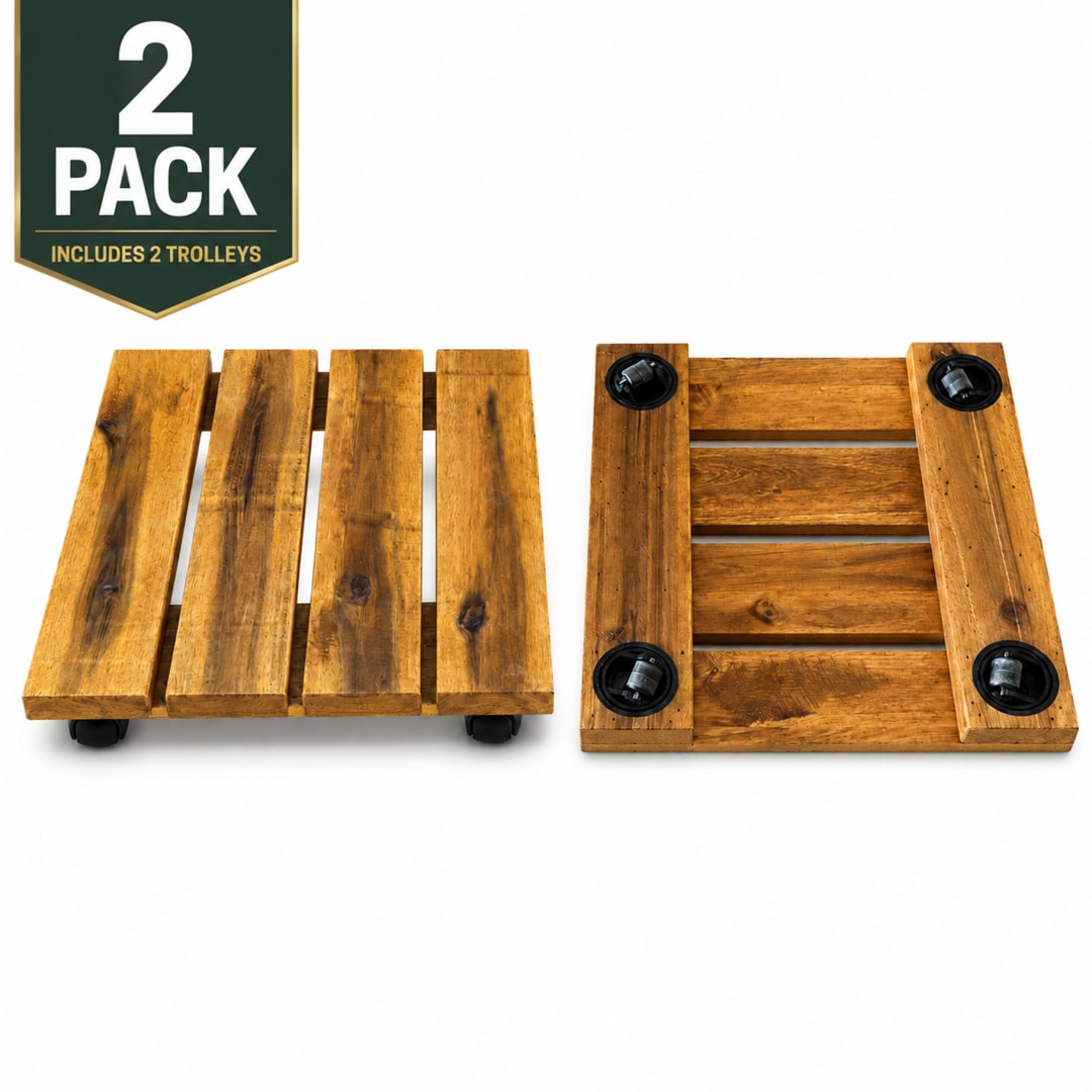 Modern Indoor/Outdoor 12 in. Golden Teak Acacia Wood Square Rolling Plant Caddy, 2-Pack