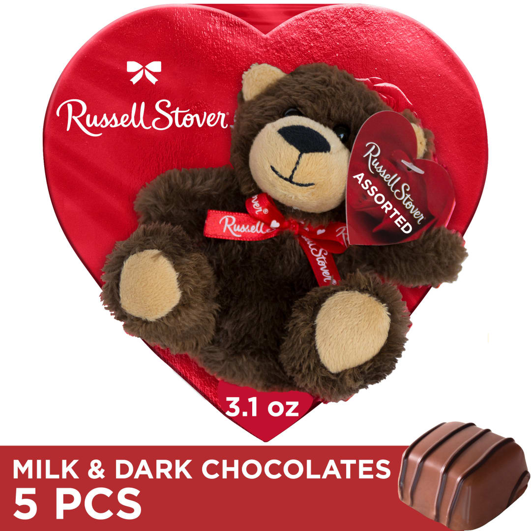RUSSELL STOVER Valentine's Day Plush Bear with Red Foil Heart Assorted Milk & Dark Chocolate Candy Gift Box, 3.1 oz.