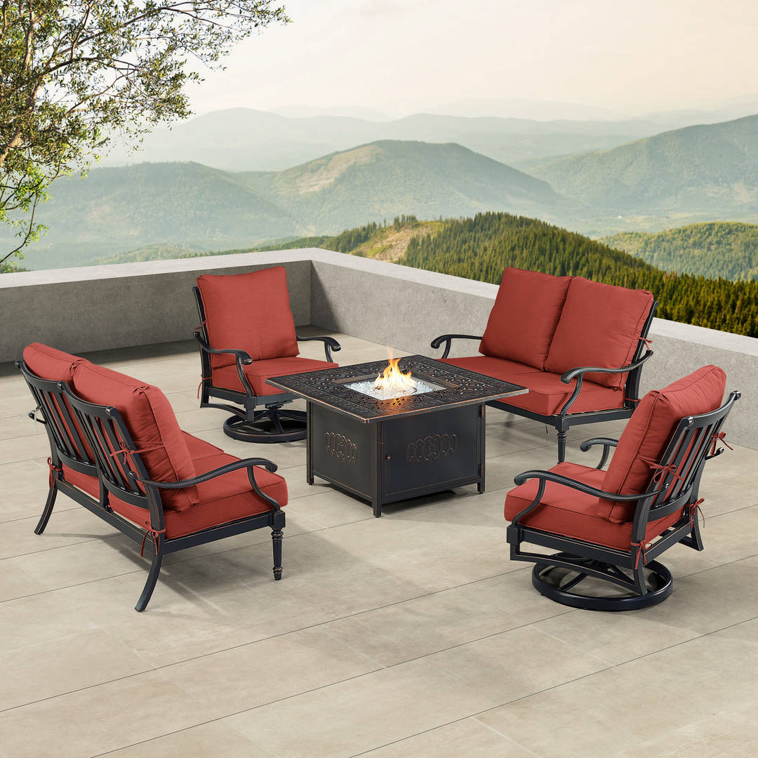 Black Aluminum Patio Fire Table Set with Two Deep Seating Loveseat with Cushions and Two Club Chairs