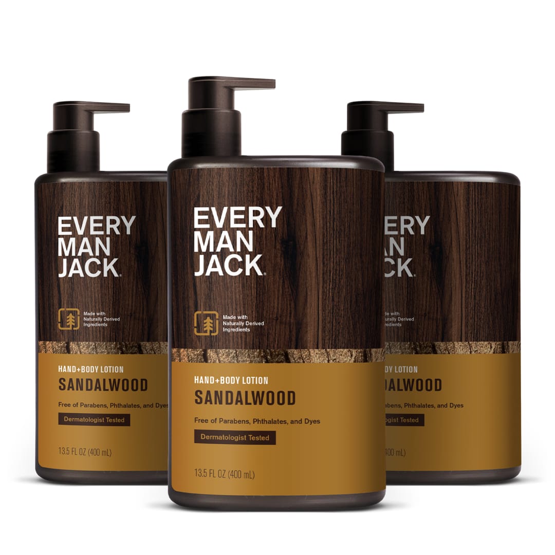 Every Man Jack Mens Sandalwood Hand & Body Lotion for All Skin Types - Dermatologist Tested & Hypoallergenic - Nourish Skin with Lightweight Fast Absorbing Lotion - 13.5oz 3 Bottles