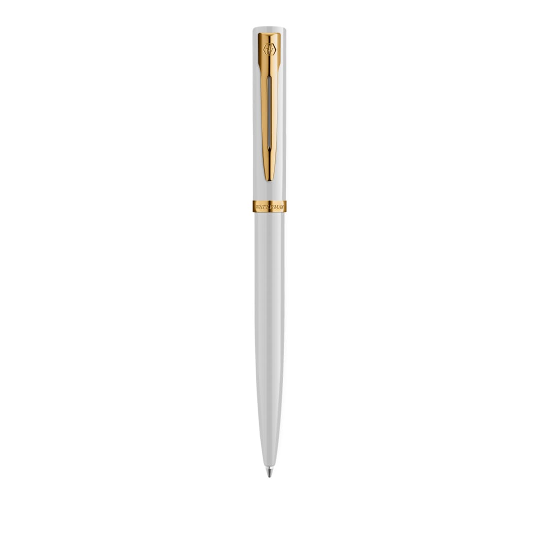Waterman Impression Bolígrafo | Punta media con recarga de tinta azul | Laca blanca con adornos chapados en oro | Caja de regalo