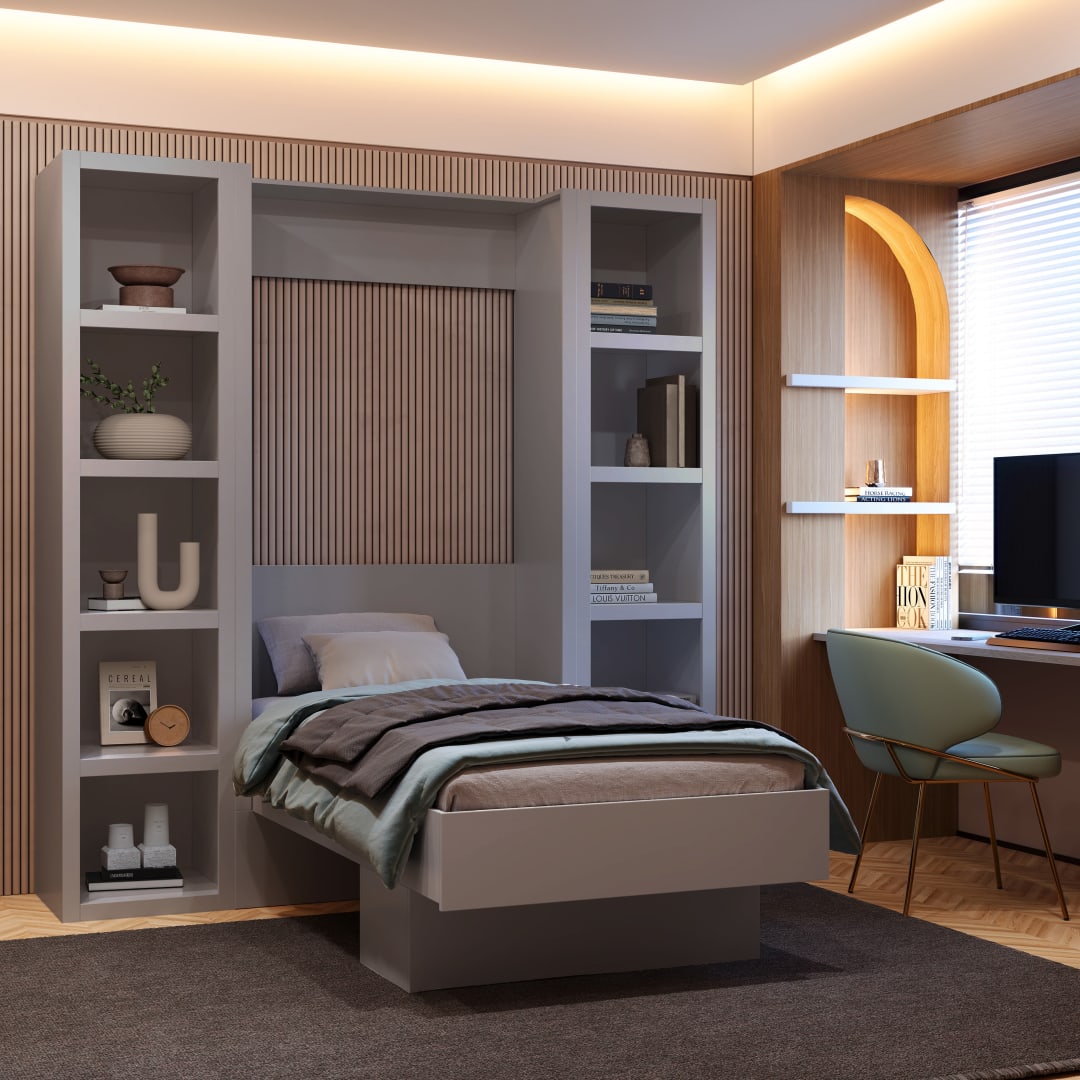 Easy-Lift Twin Murphy Wall Bed in Grey with Two Bookshelves