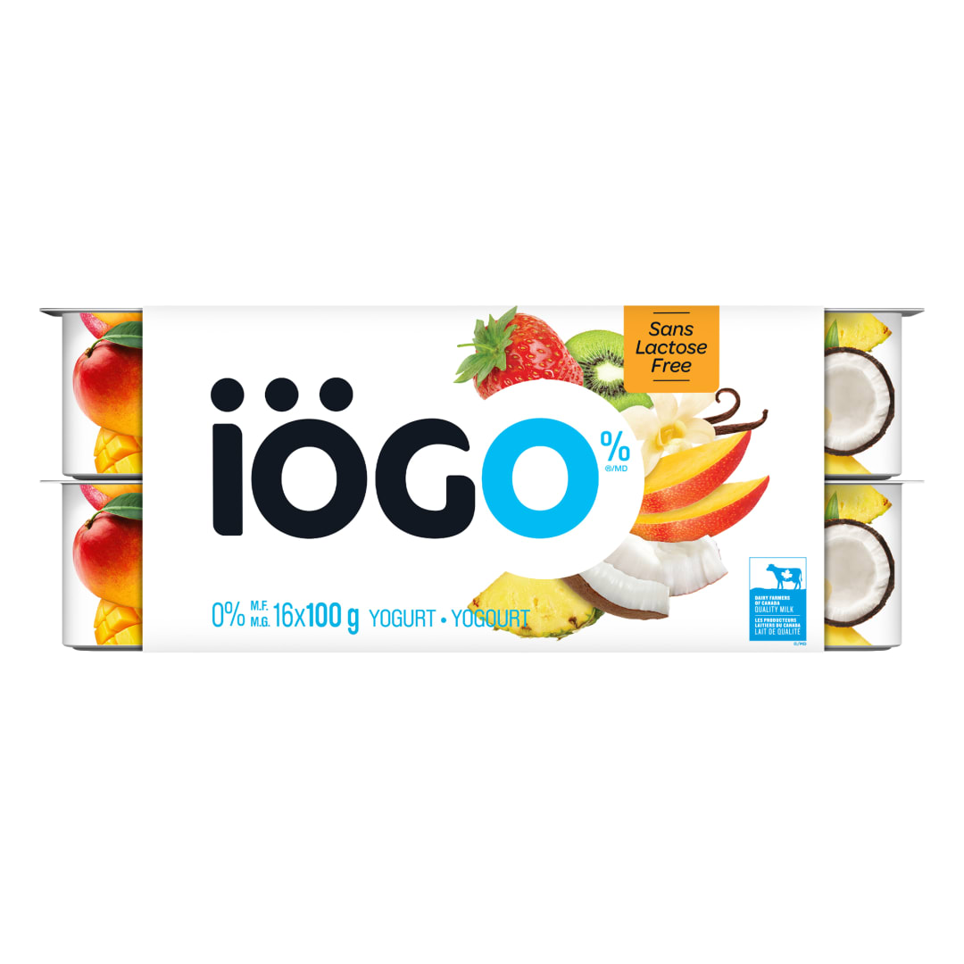 iÖGO Strawberry-Kiwi, Mango, Coconut-Pineapple-Banana, Vanilla Lactose-Free Yogurt Cups 0%