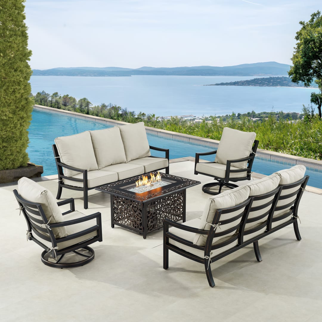 Black Aluminum Patio Fire Table Set with Two Deep Seating Sofa with Cushions and Two Club Chairs