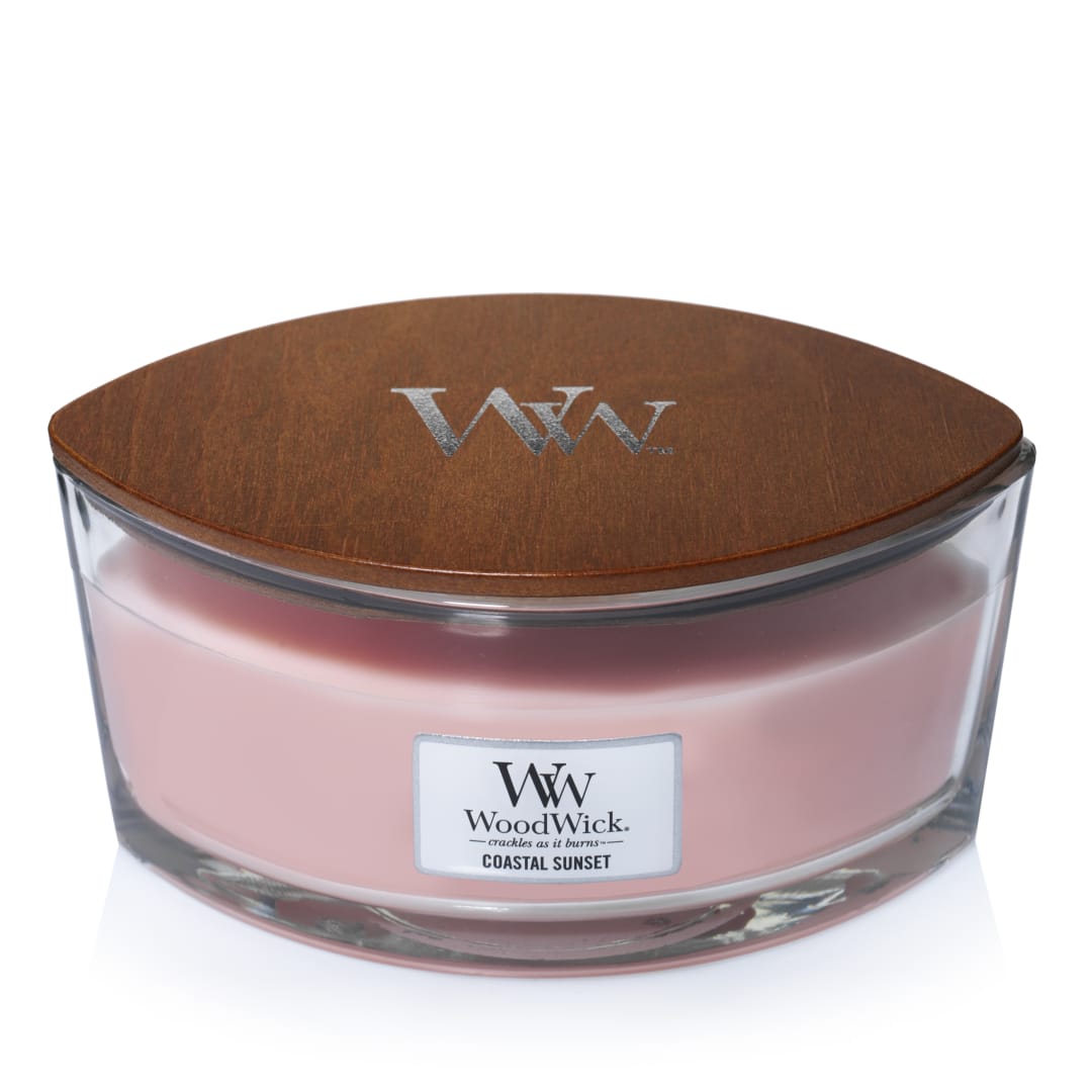 Woodwick Ellipse Vela perfumada con mecha crepitante | Atardecer costero | Hasta 50 horas de duración | Regalos para mujeres