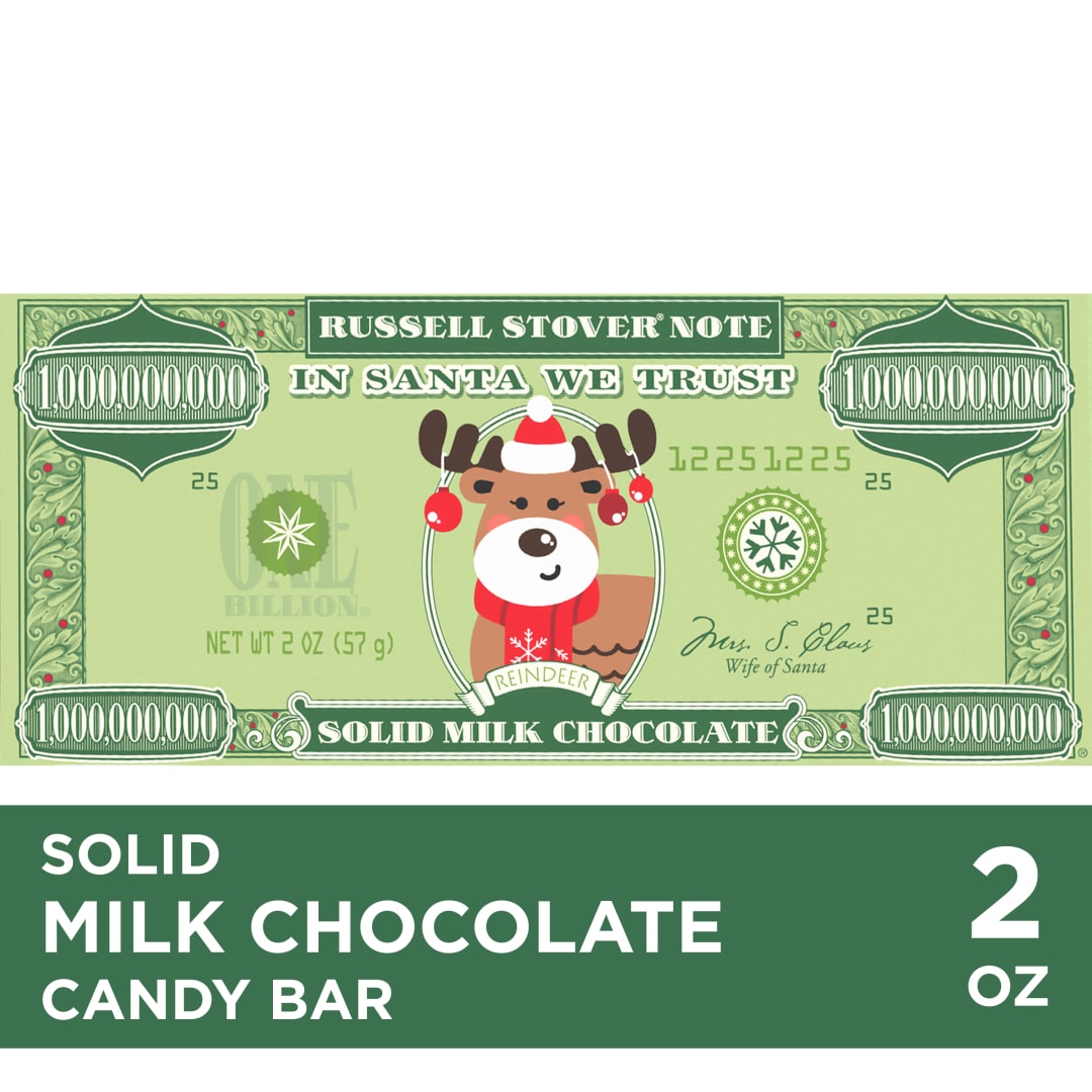 RUSSELL STOVER Christmas Reindeer Solid Milk Chocolate Money Candy Bar, 2 oz.