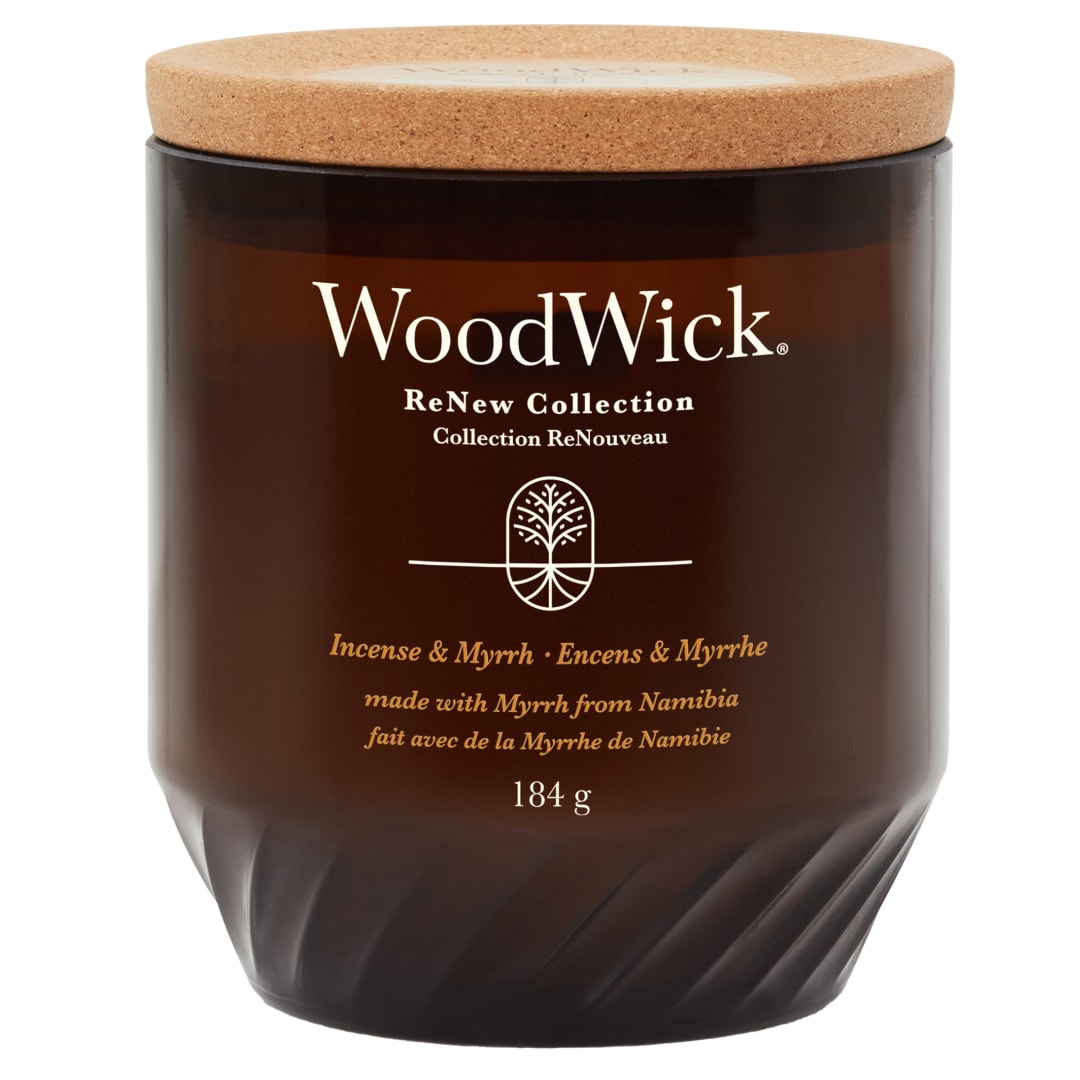 WoodWick ReNew Vela perfumada mecha crepitante | Vela mediana de incienso y mirra | Mezcla de cera de soja y coco de origen vegetal | Materiales reciclados | Regalo perfecto para mujeres