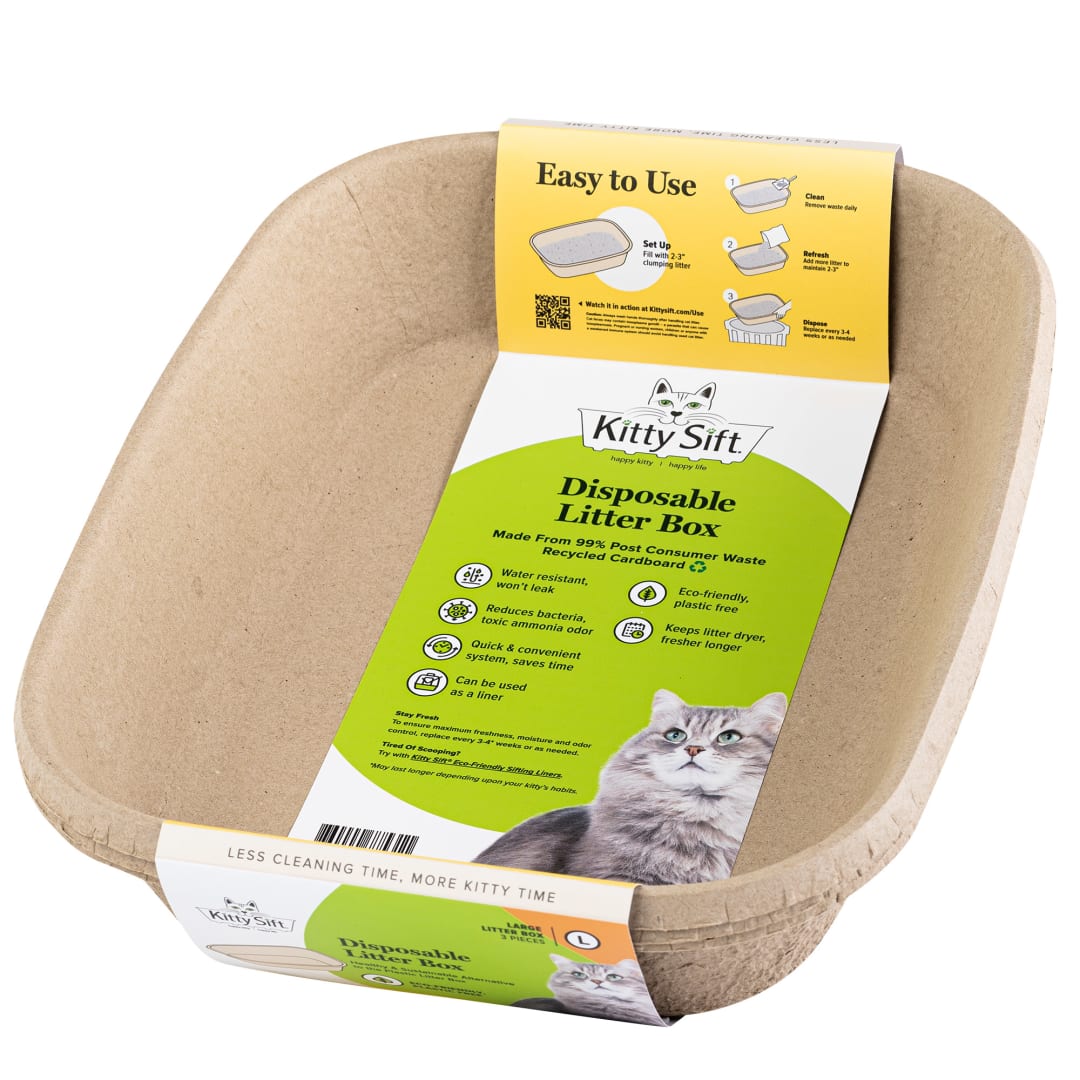 Kitty Sift Disposable Cat Litter Box Large, 3 Count, Eco-Friendly and Portable for Travel, Large Durable Litter Pan Controls Odor and Simplifies Cleanup