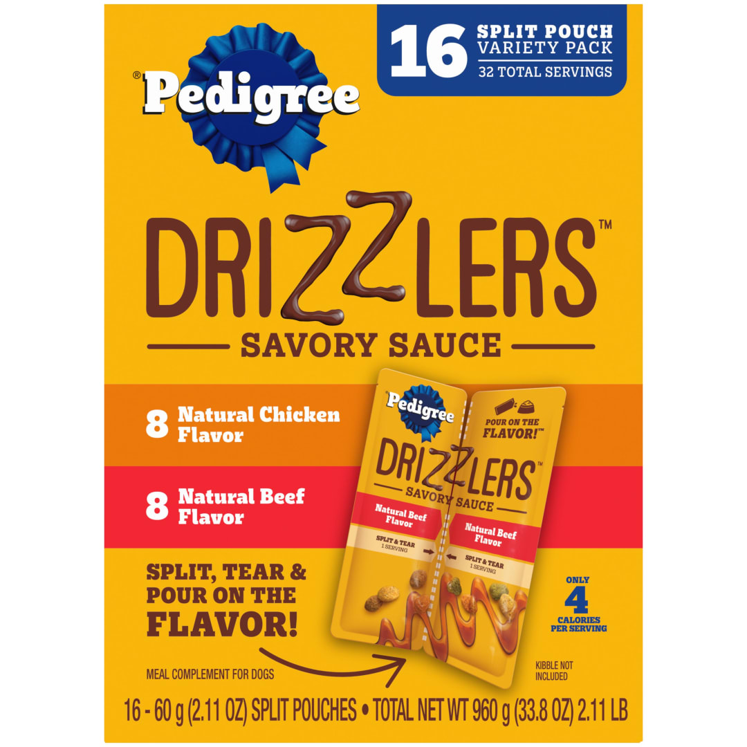 Pedigree Drizzlers Wet Dog Savory Sauce Multipack, 60g Dual-Serving Pouches, 16-Pack