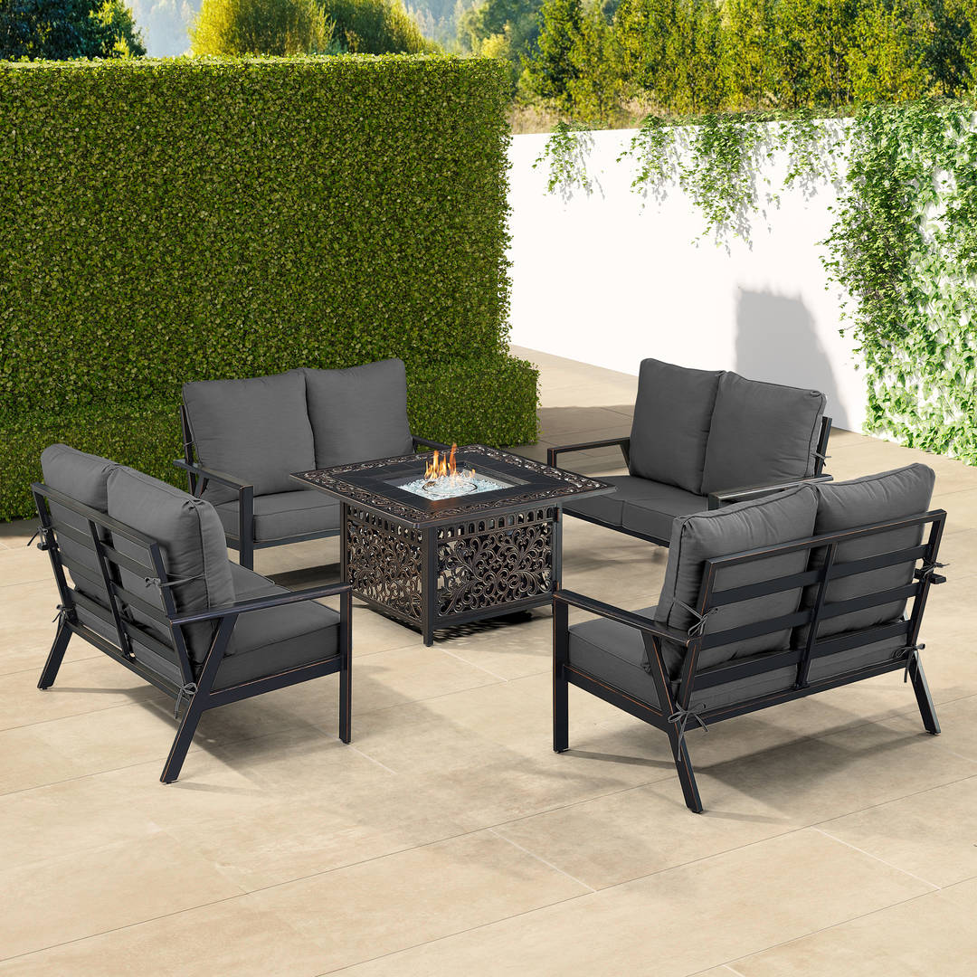 Black Aluminum Patio Fire Table Set with Four Deep Seating Loveseats with Cushions