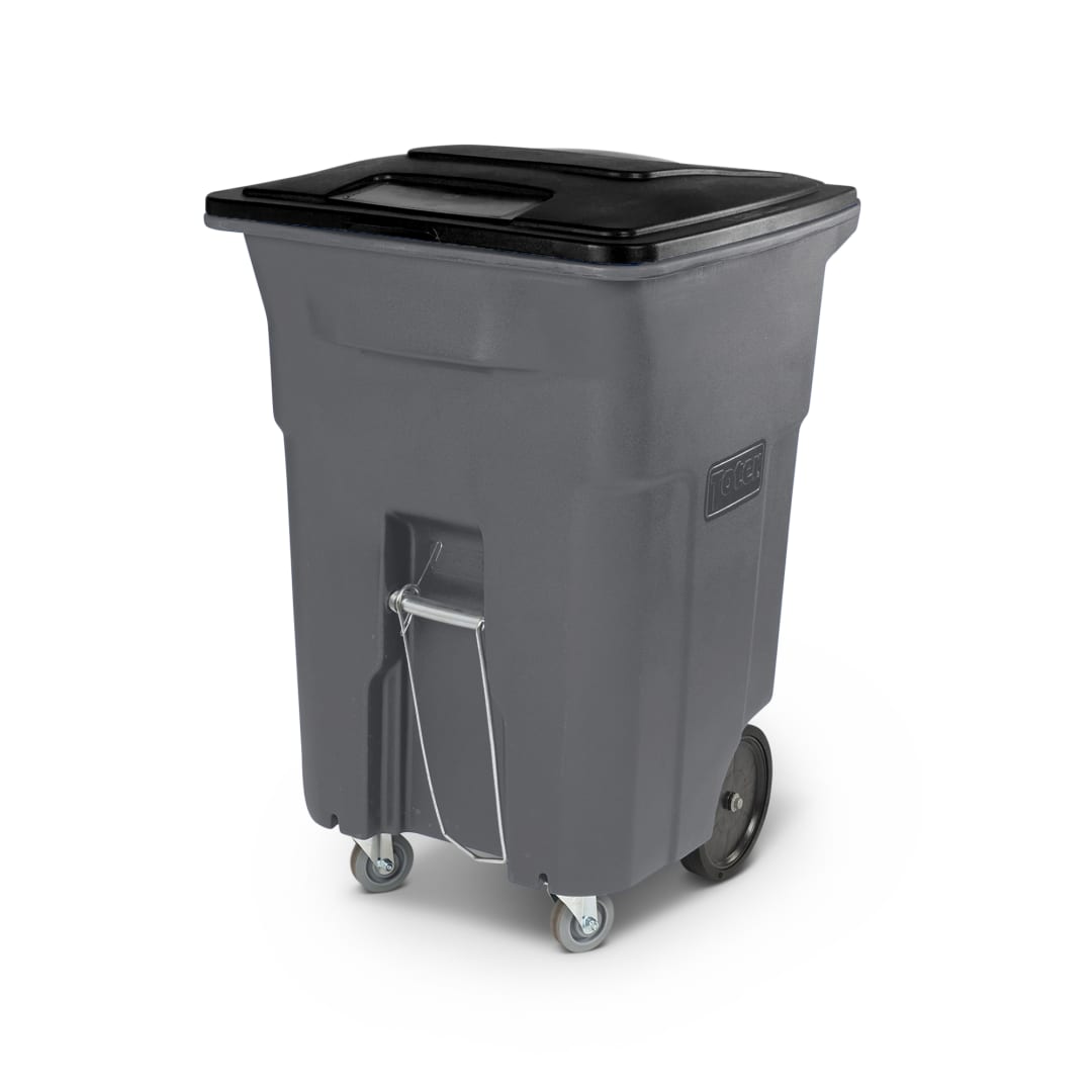 96 Gal. Dark Cool Gray Trash Can with Wheels, Pull Bar Assembly, and Lid (2 caster wheels 2 stationary wheels)