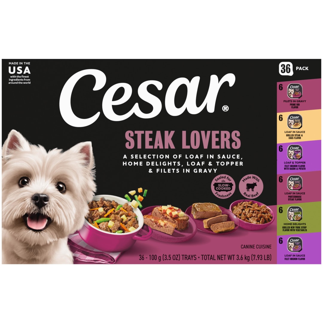 CESAR Adult Soft Wet Dog Food Steak Lovers Variety Pack with Real Meat, (36) 3.5 oz. Trays