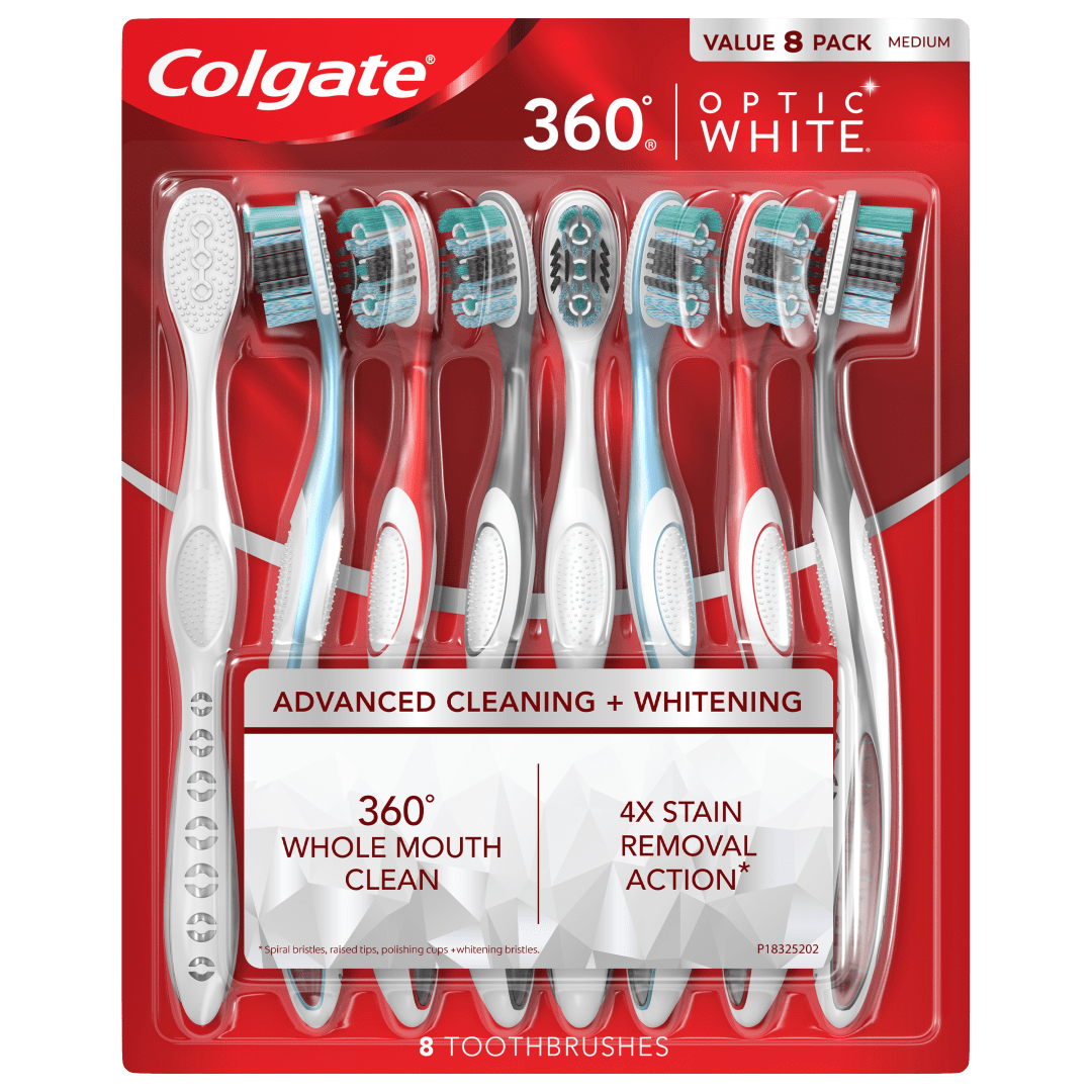 360 Optic White adult manual toothbrush - 8 Pack