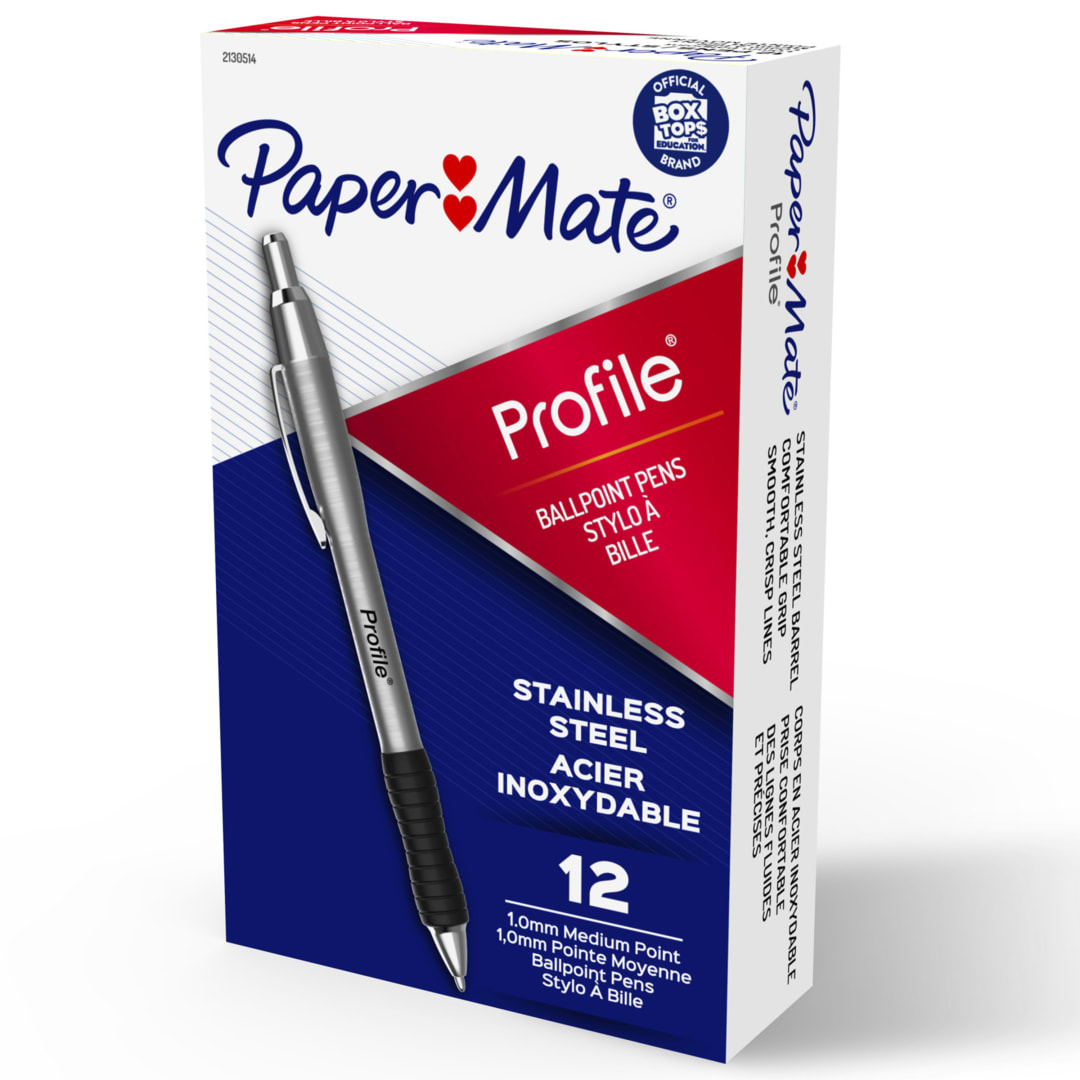Paper Mate® Profile® Ballpoint Pens, Retractable Pen with Stainless Steel Barrel, 1.0 mm, Black Ink, 12 Count