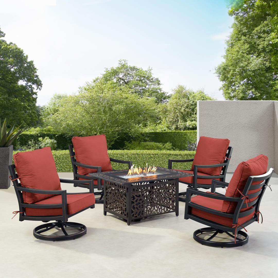 Black Aluminum Patio Fire Table Set with Four Club Chairs
