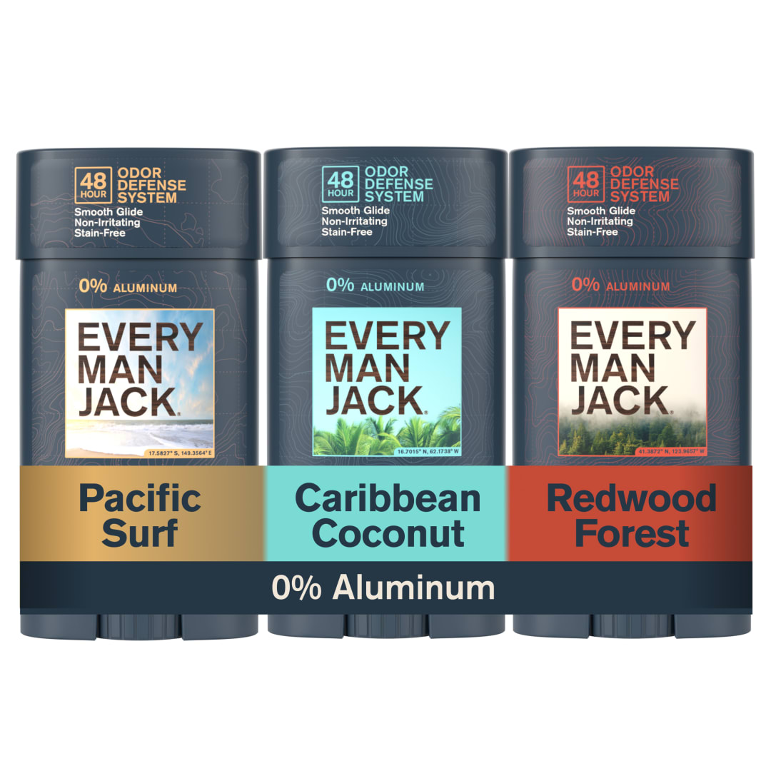 Every Man Jack Men's Deodorant Variety Pack - 48-Hour Odor Defense Blend - Aluminum Free - Contains Postbiotics, Tapioca Starch & Oat Powder -  2.6 oz (3 Pack)