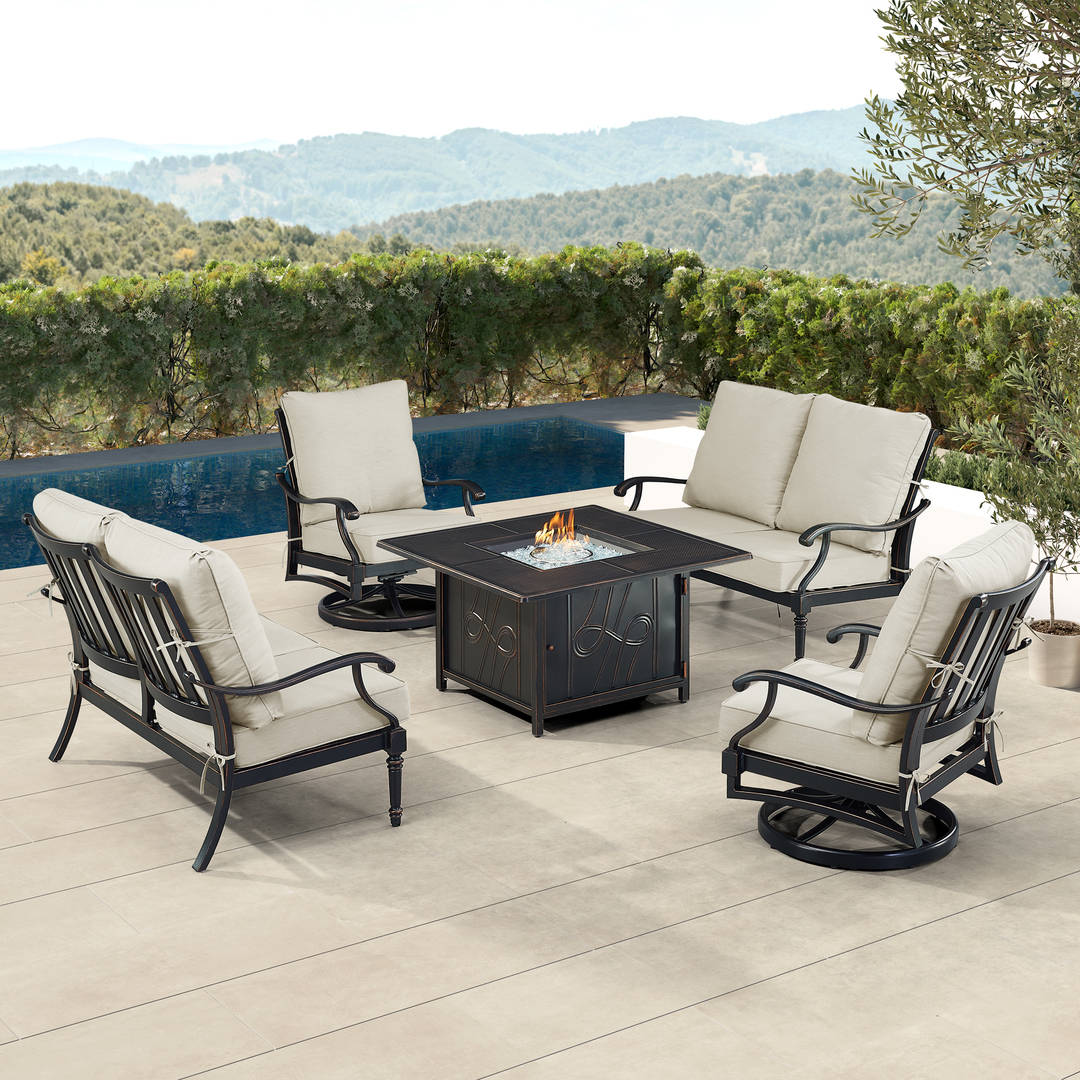 Black Aluminum Patio Fire Table Set with Two Deep Seating Loveseat with Cushions and Two Club Chairs