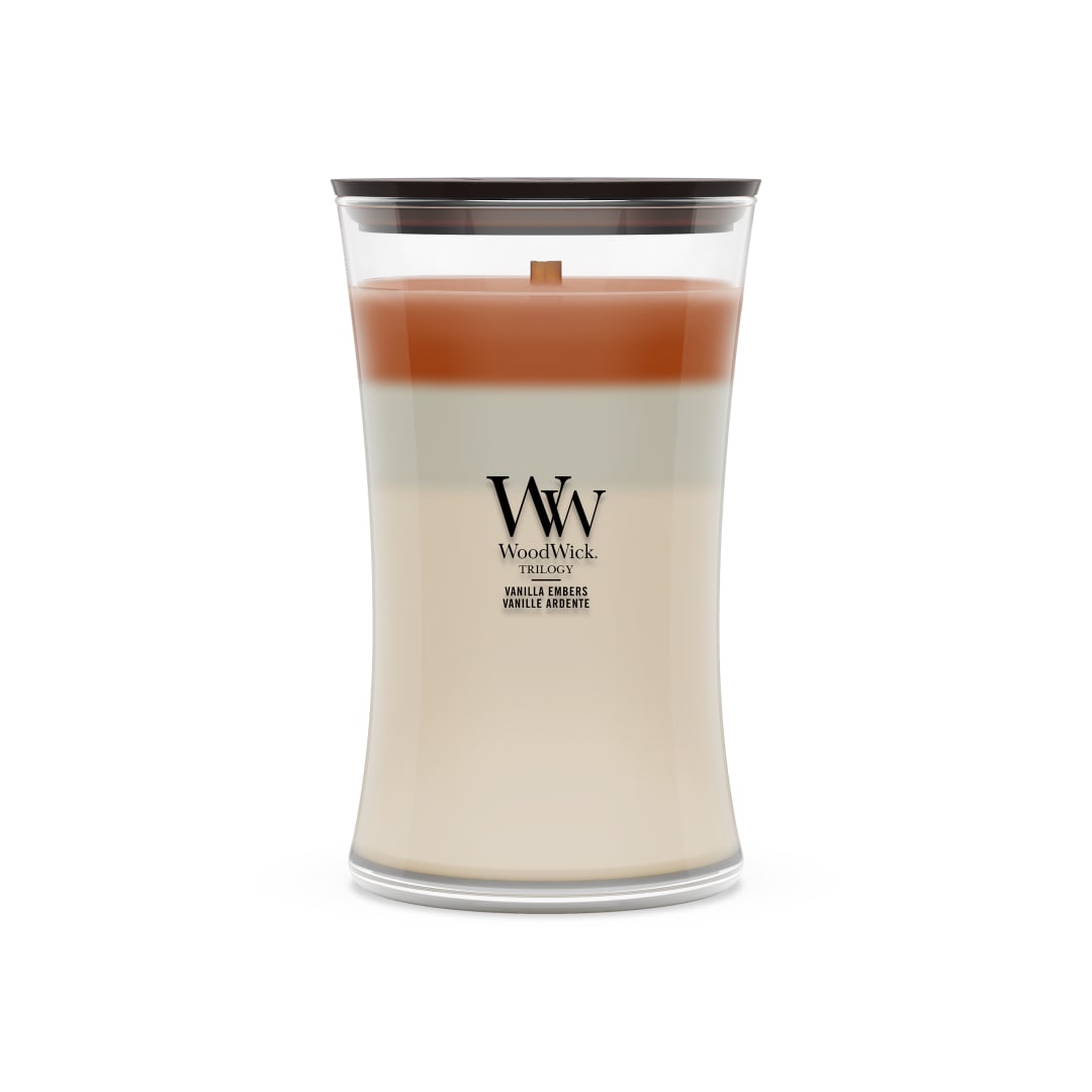 WoodWick Vela perfumada | Vela de gran tamaño en forma de reloj de arena | Vanilla Embers | Regalos perfectos para mujeres