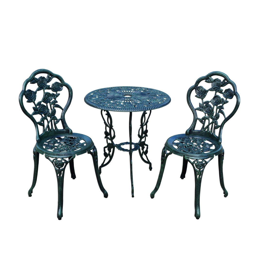 Cast Aluminum Metal Antique Green 3 Piece Patio Rose Bistro Set
