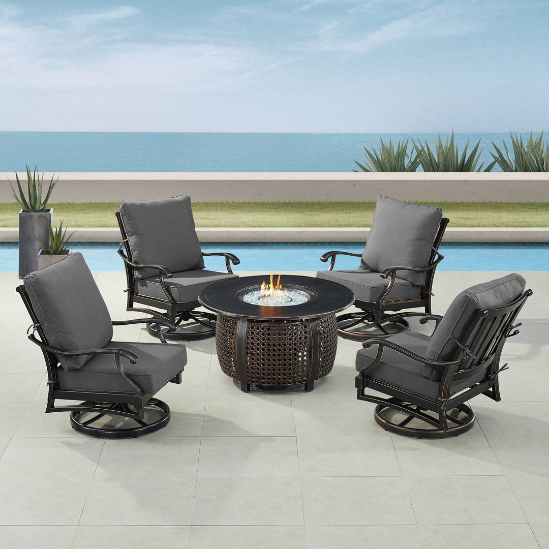 Black Aluminum Patio Fire Table Set with Four Club Chairs